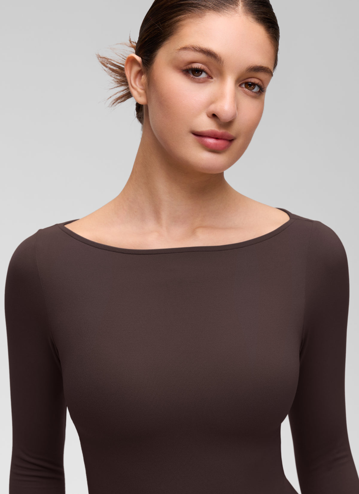 CRZ YOGA Women's Softembrace Casual Boat Neck Waist Length Long Sleeve Hot Fudge Brown