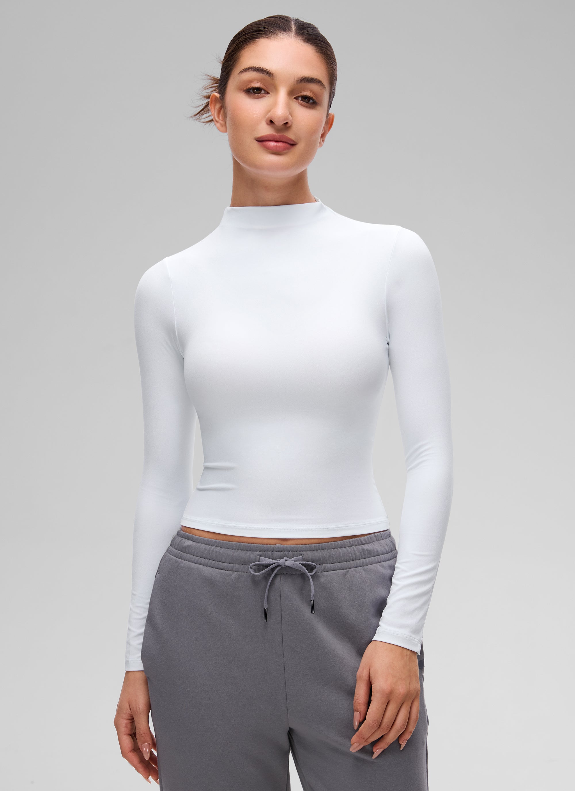 CRZ YOGA Women's Softembrace Mock Neck Waist Length Long Sleeves White