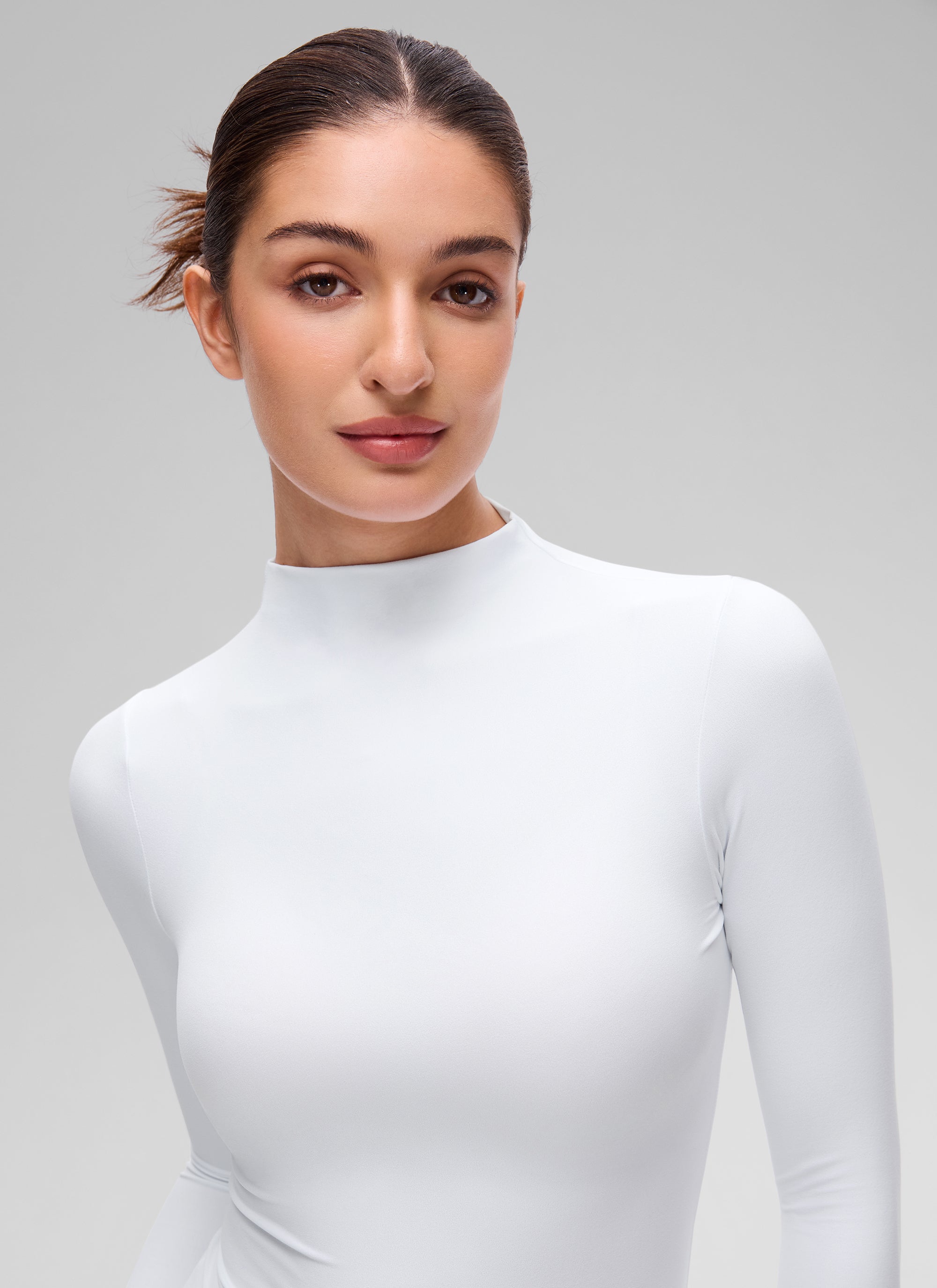 CRZ YOGA Women's Softembrace Mock Neck Waist Length Long Sleeves White