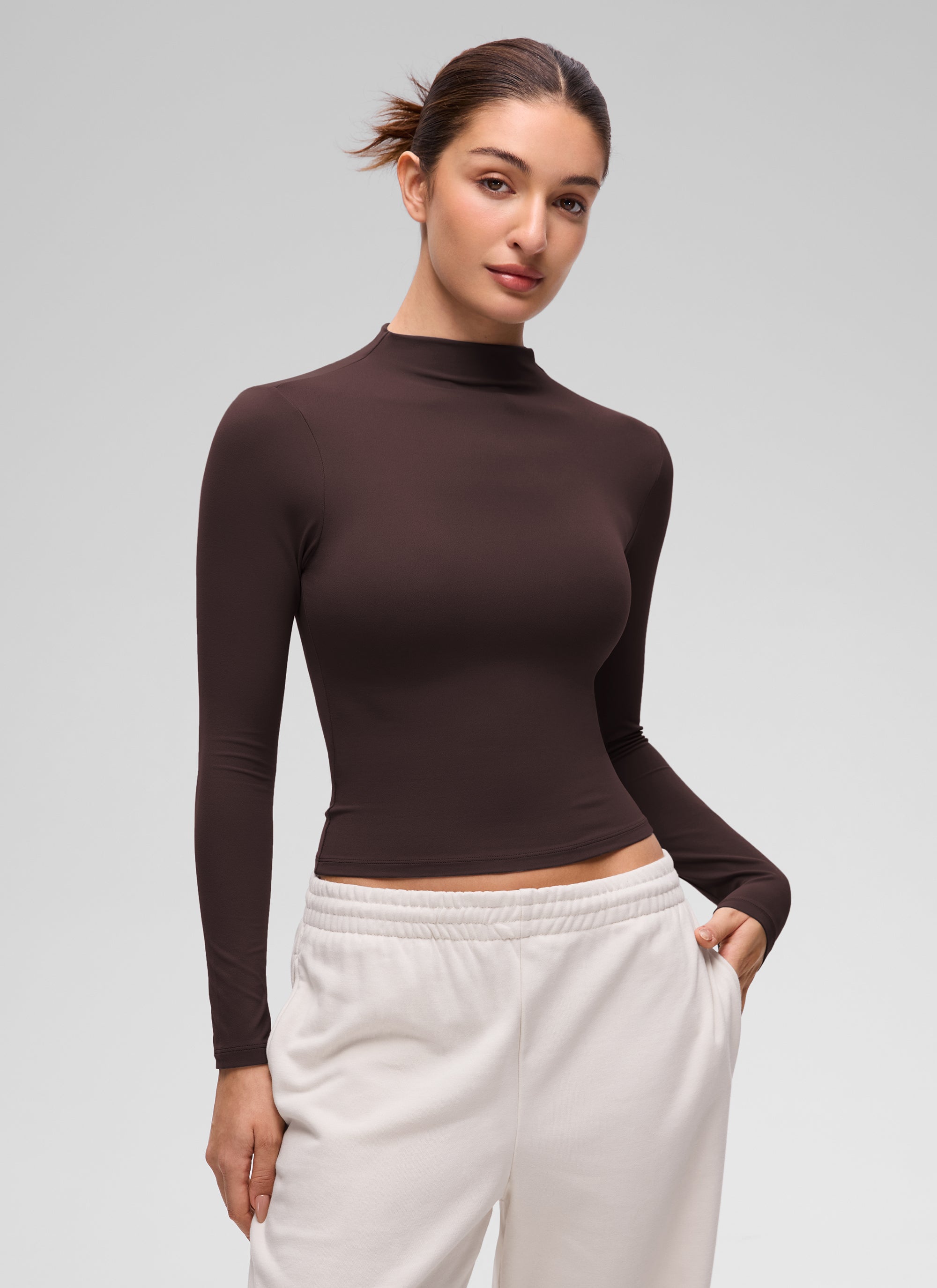 CRZ YOGA Women's Softembrace Mock Neck Waist Length Long Sleeves Hot Fudge Brown
