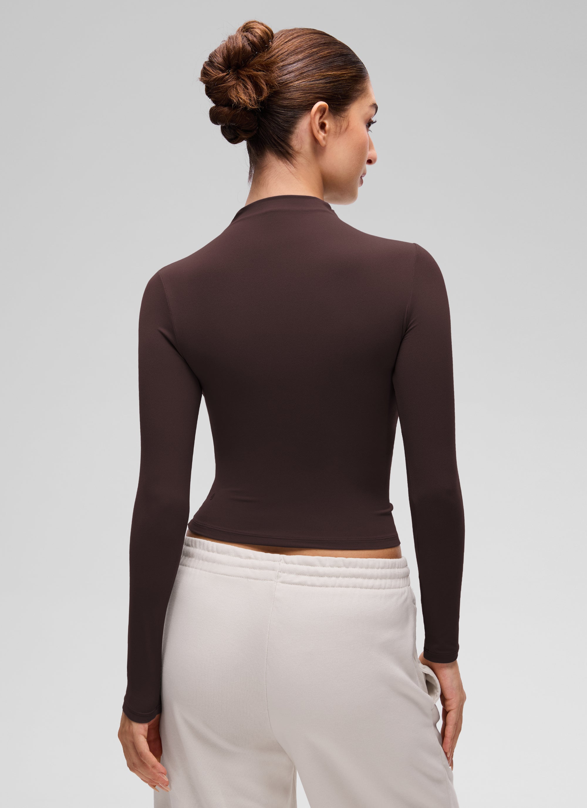 CRZ YOGA Women's Softembrace Mock Neck Waist Length Long Sleeves Hot Fudge Brown