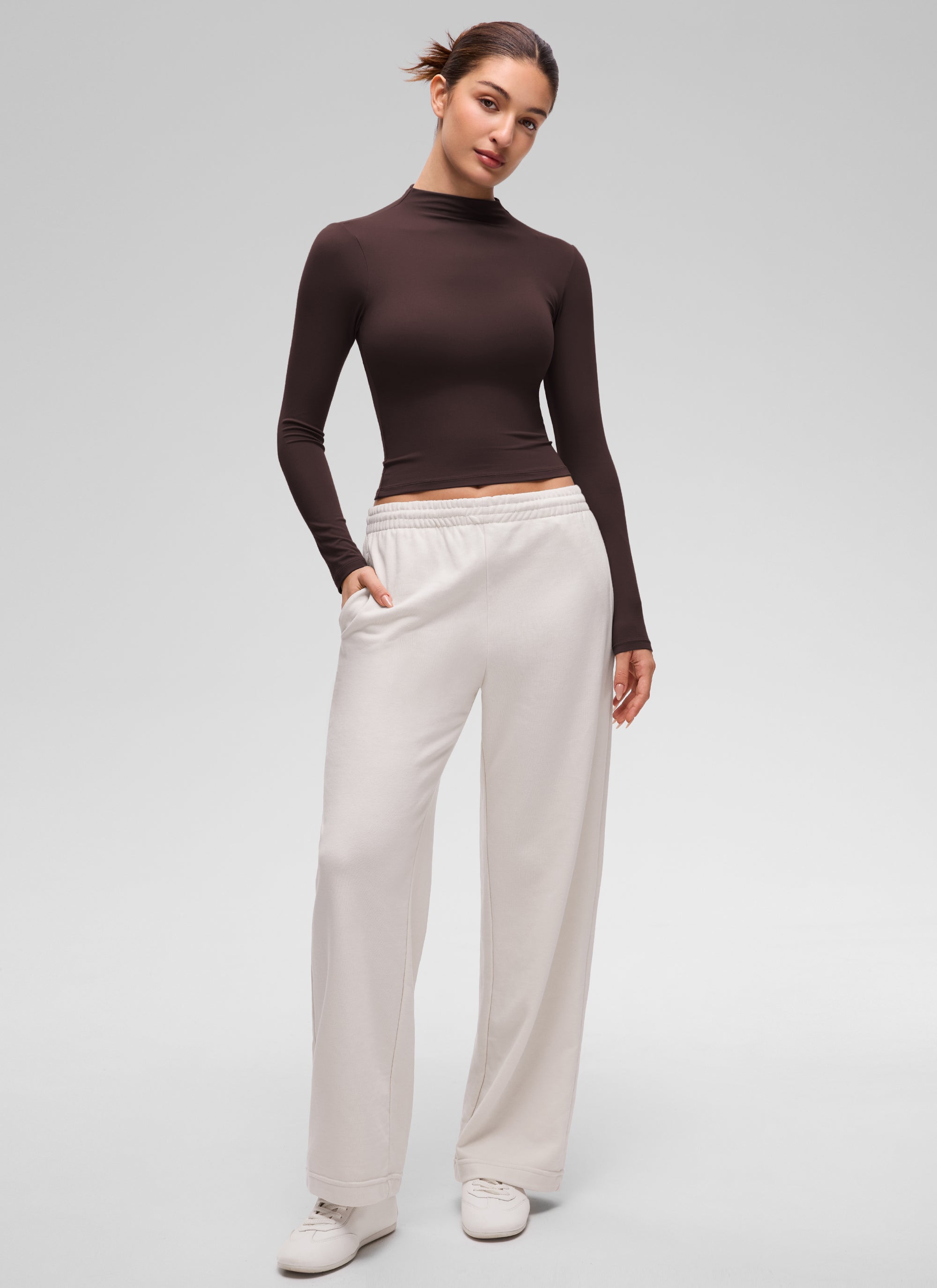 CRZ YOGA Women's Softembrace Mock Neck Waist Length Long Sleeves Hot Fudge Brown