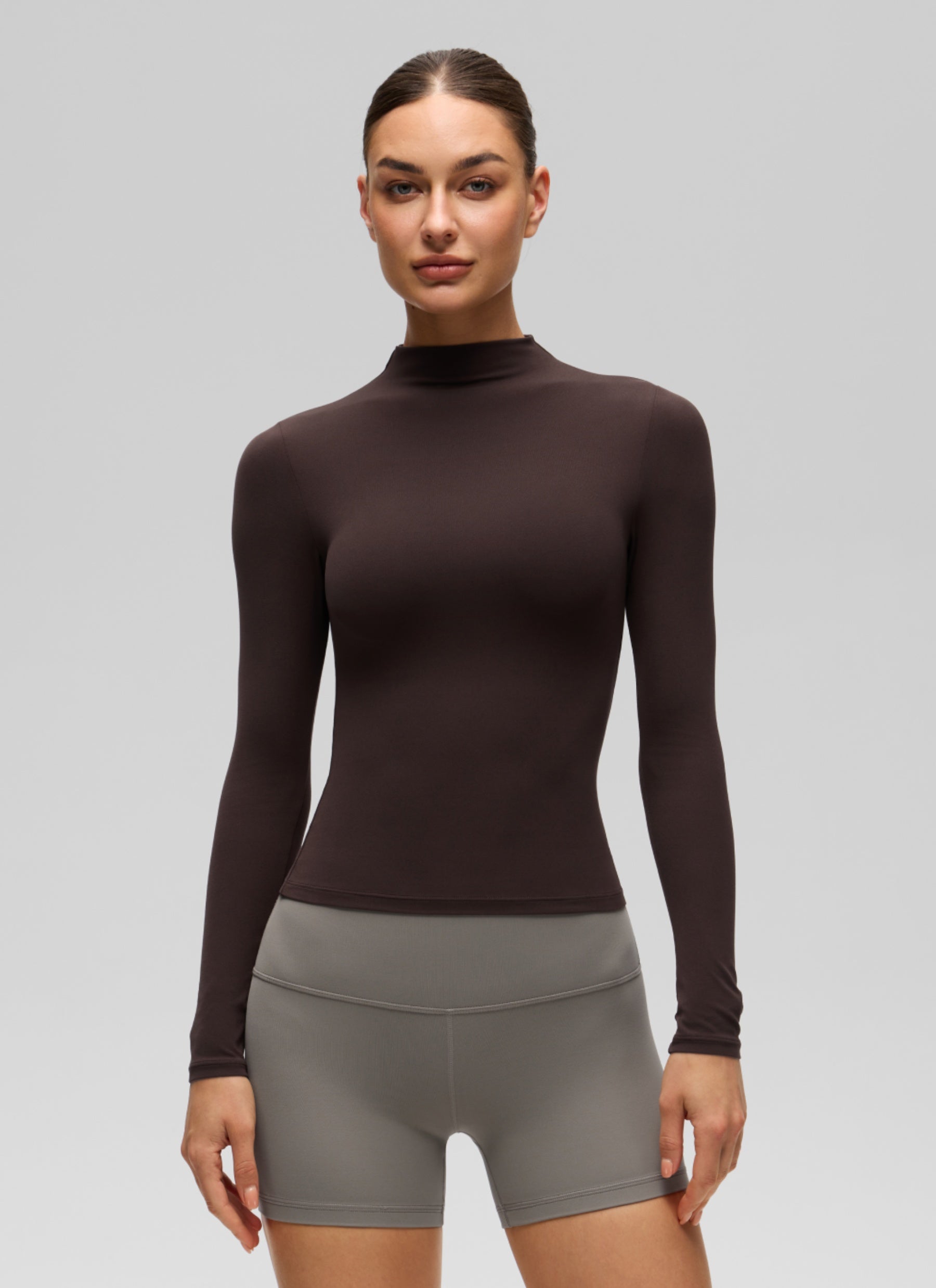 CRZ YOGA Women's Softembrace Mock Neck Waist Length Long Sleeves Hot Fudge Brown