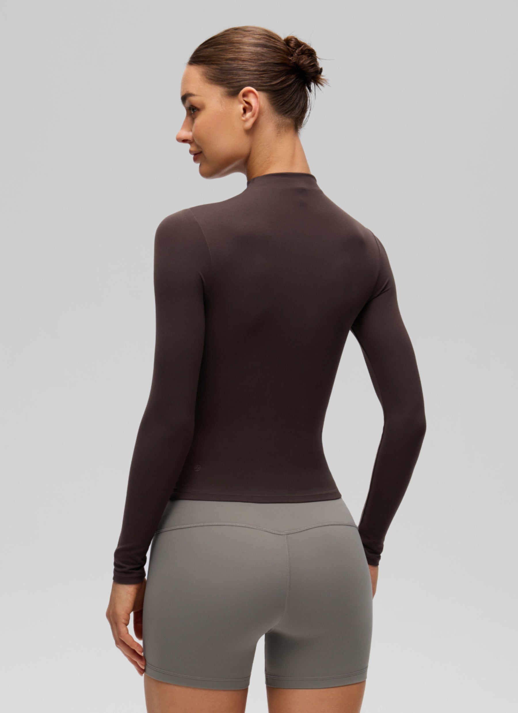 CRZ YOGA Women's Softembrace Mock Neck Waist Length Long Sleeves Hot Fudge Brown