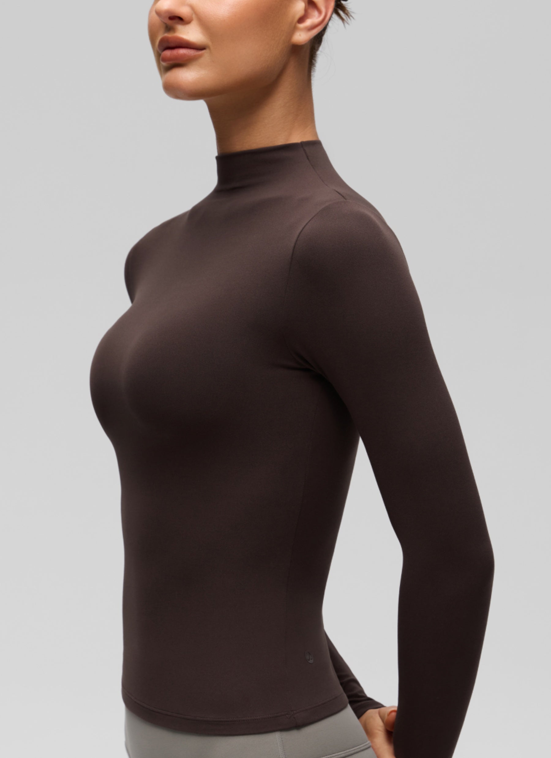 CRZ YOGA Women's Softembrace Mock Neck Waist Length Long Sleeves Hot Fudge Brown