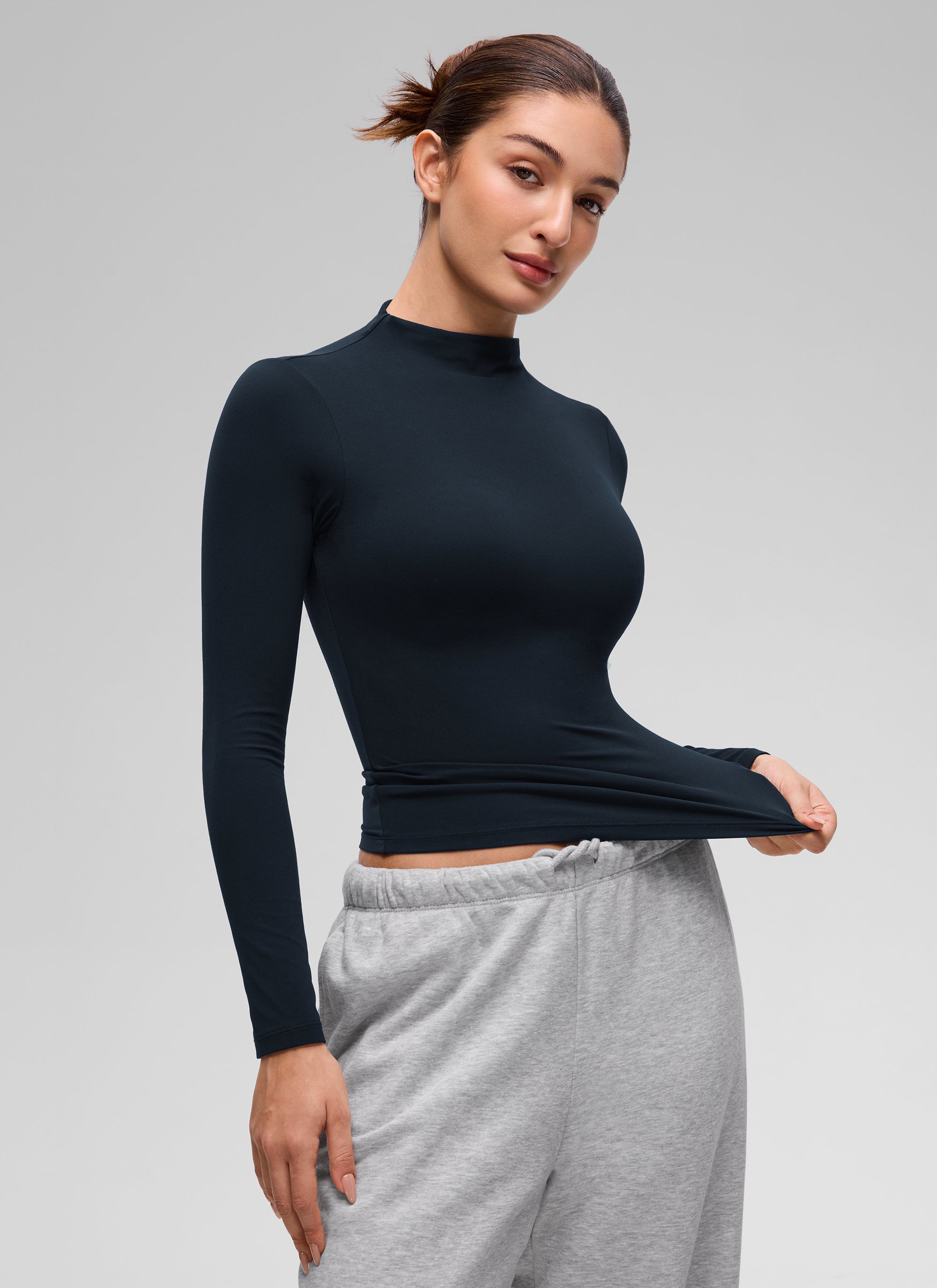 CRZ YOGA Women's Softembrace Mock Neck Waist Length Long Sleeves True Navy