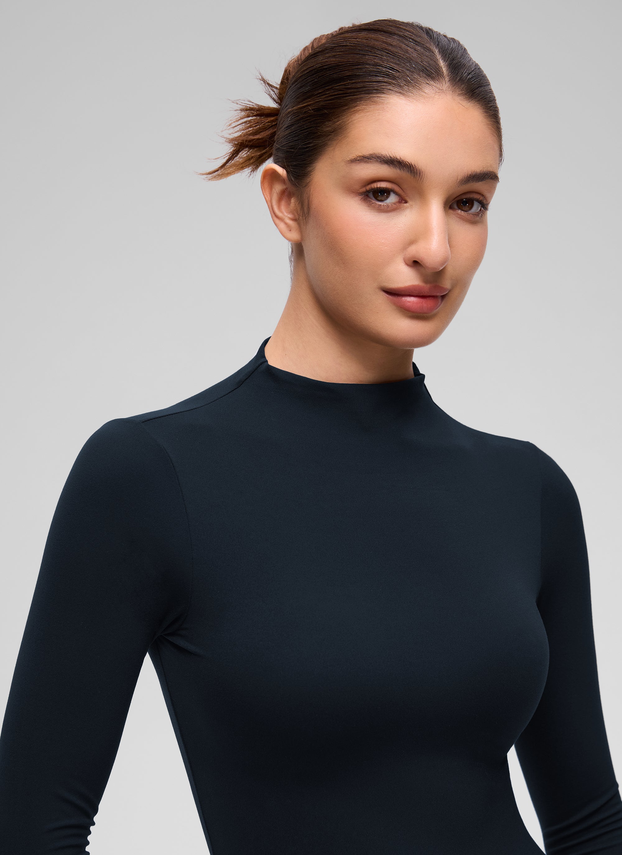 CRZ YOGA Women's Softembrace Mock Neck Waist Length Long Sleeves True Navy