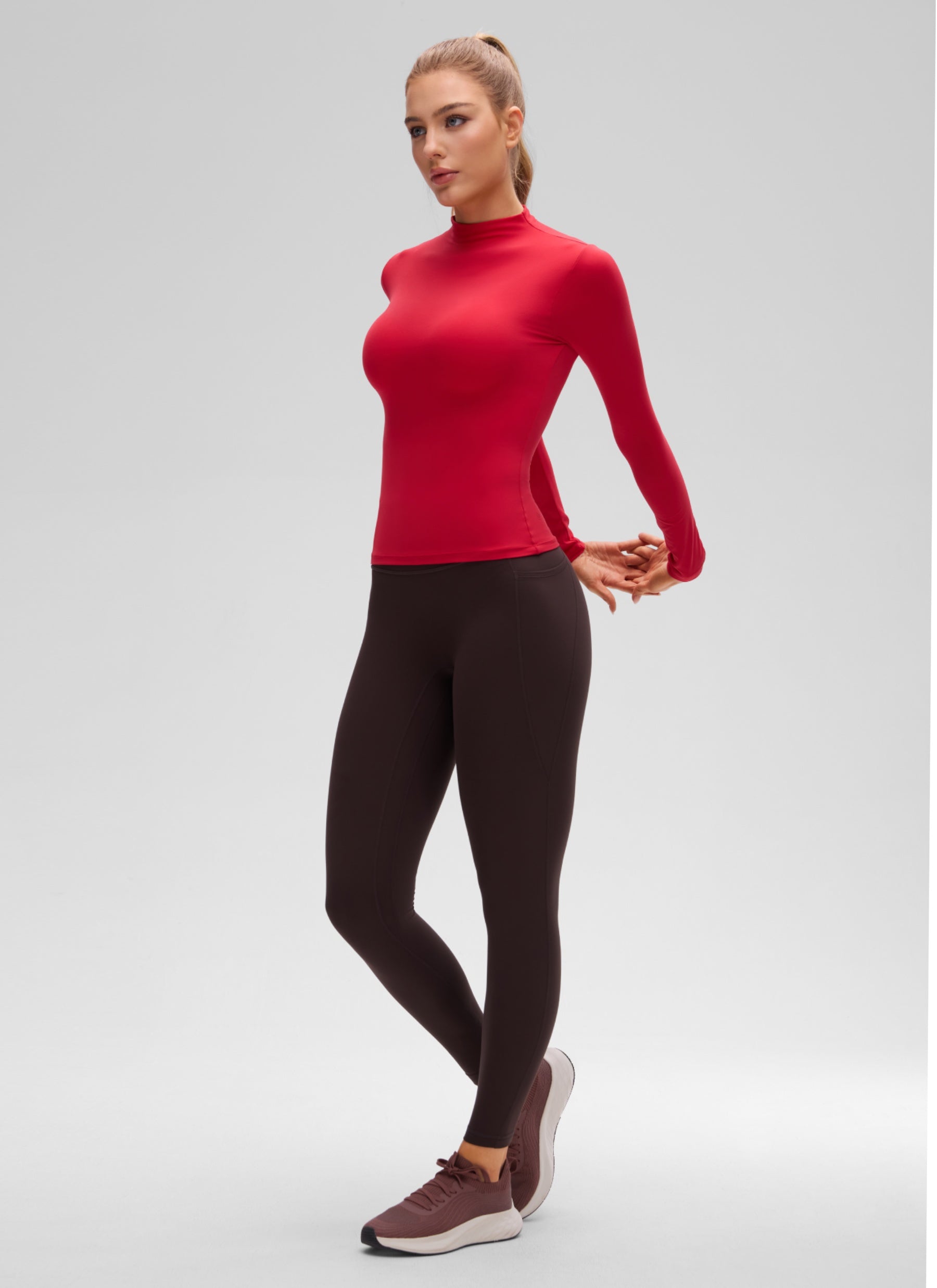CRZ YOGA Women's Softembrace Mock Neck Waist Length Long Sleeves Aurora Red
