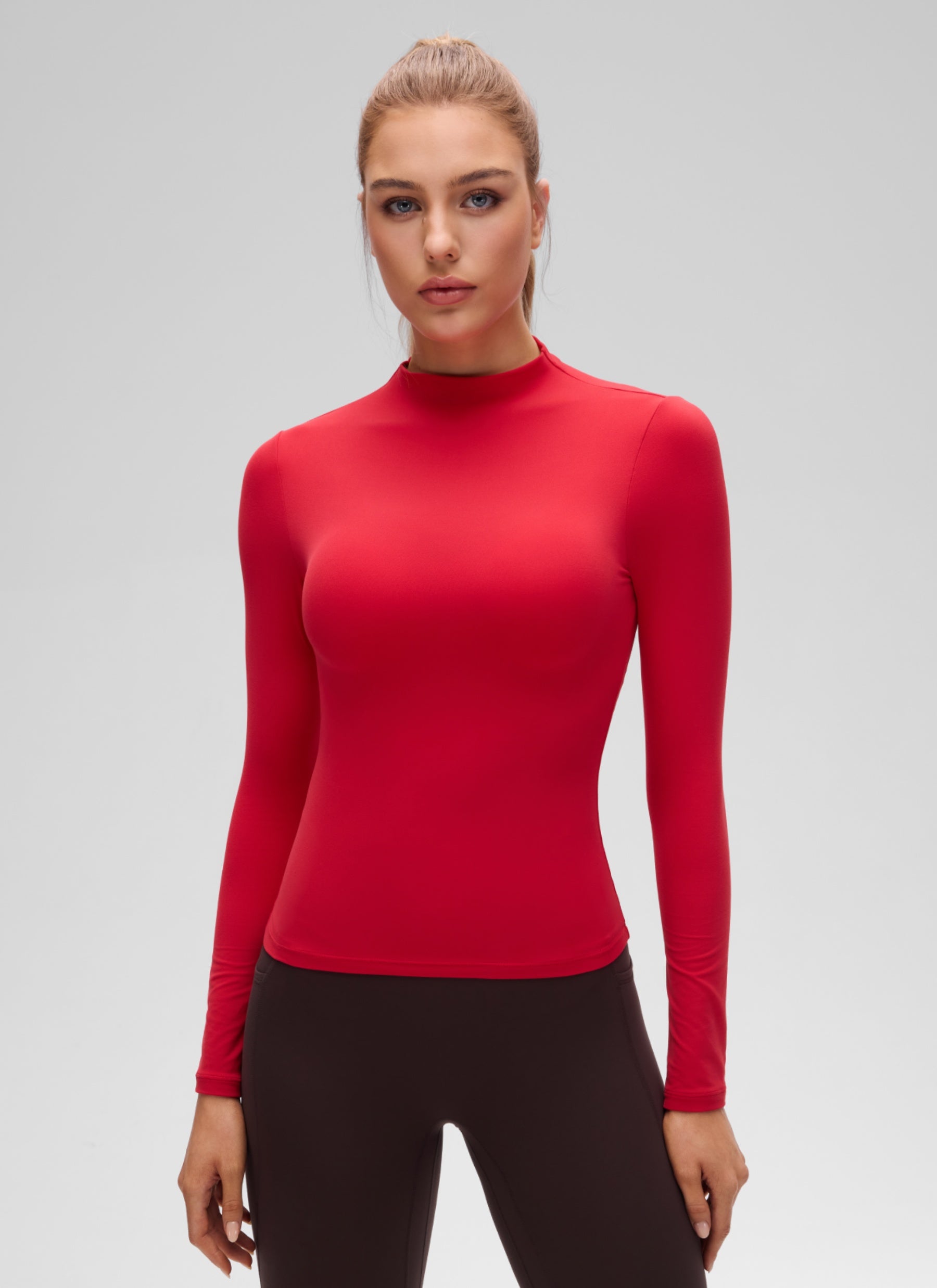 CRZ YOGA Women's Softembrace Mock Neck Waist Length Long Sleeves Aurora Red