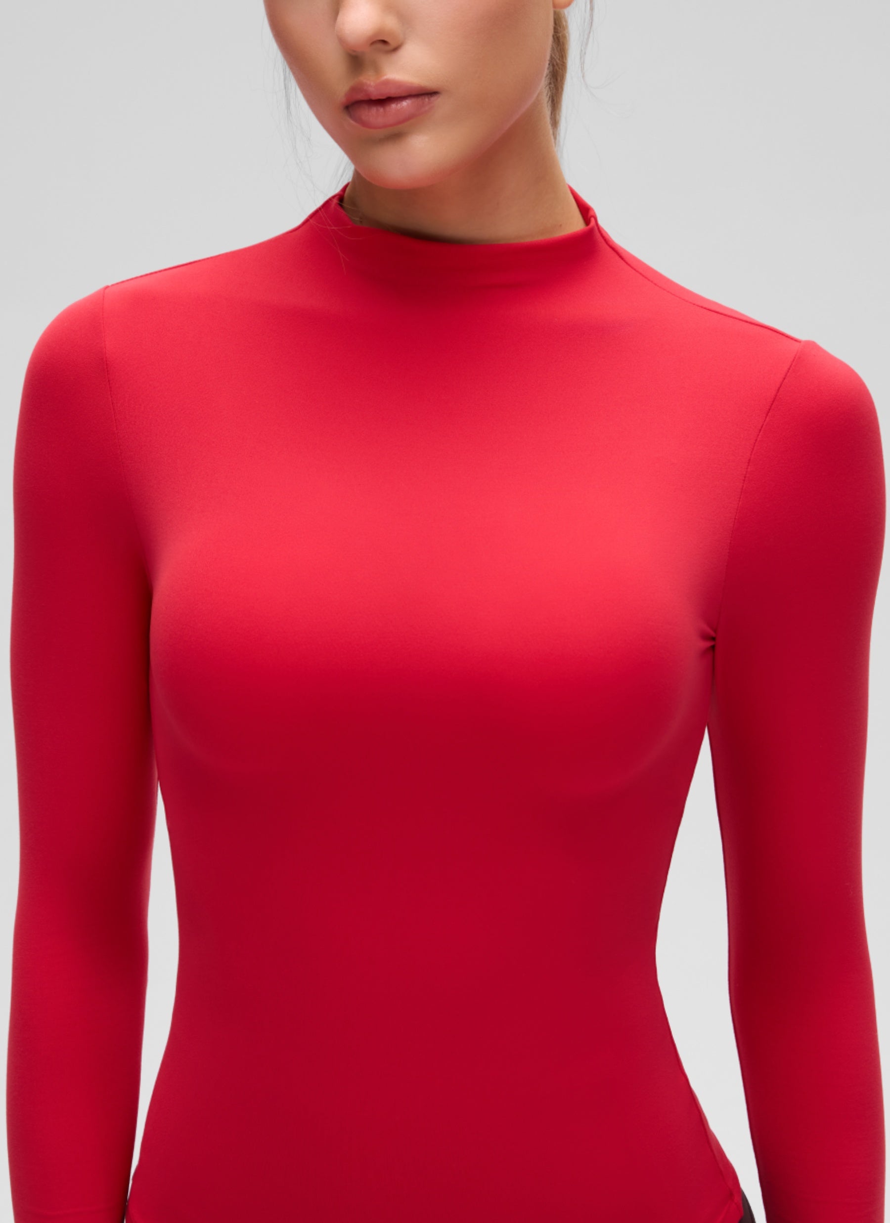 CRZ YOGA Women's Softembrace Mock Neck Waist Length Long Sleeves Aurora Red