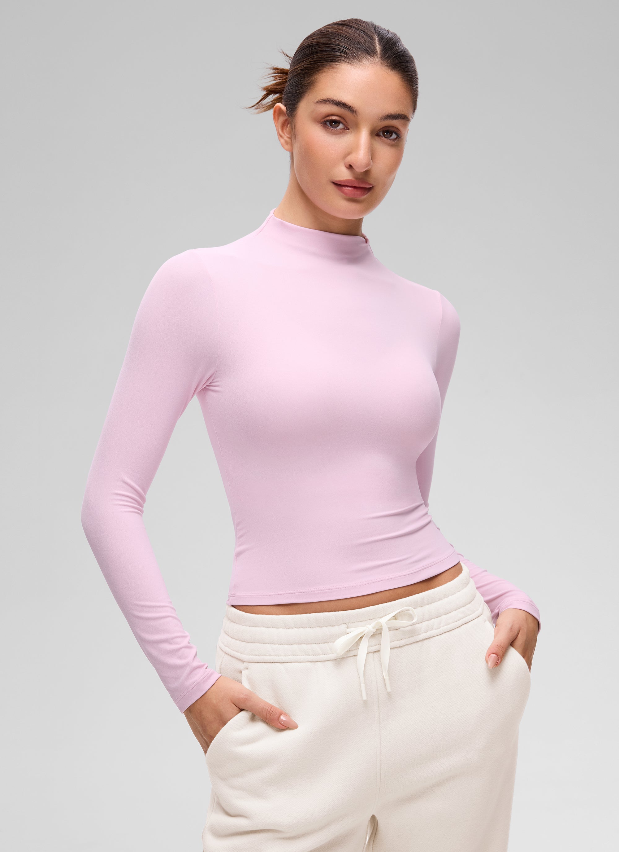 CRZ YOGA Women's Softembrace Mock Neck Waist Length Long Sleeves Aurora Red