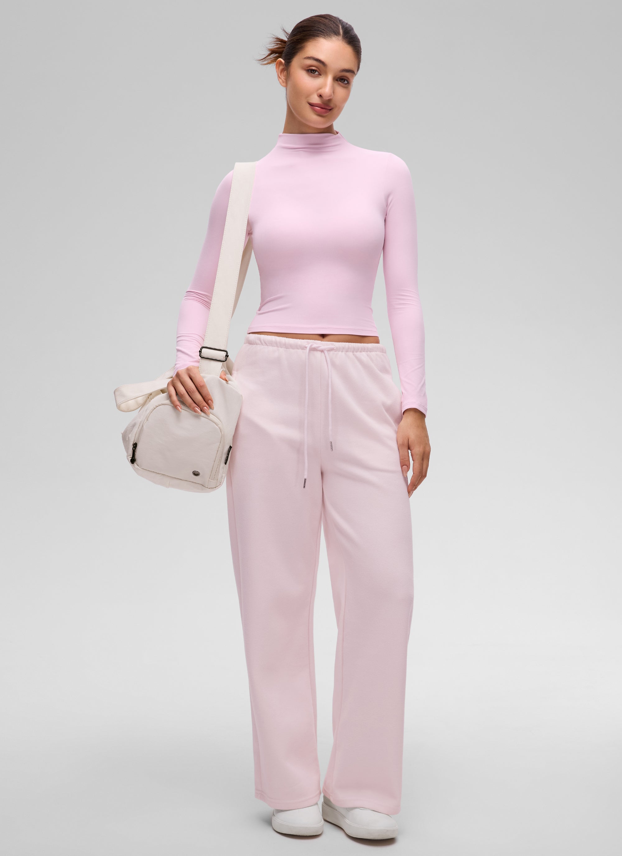 CRZ YOGA Women's Softembrace Mock Neck Waist Length Long Sleeves Pink Peony