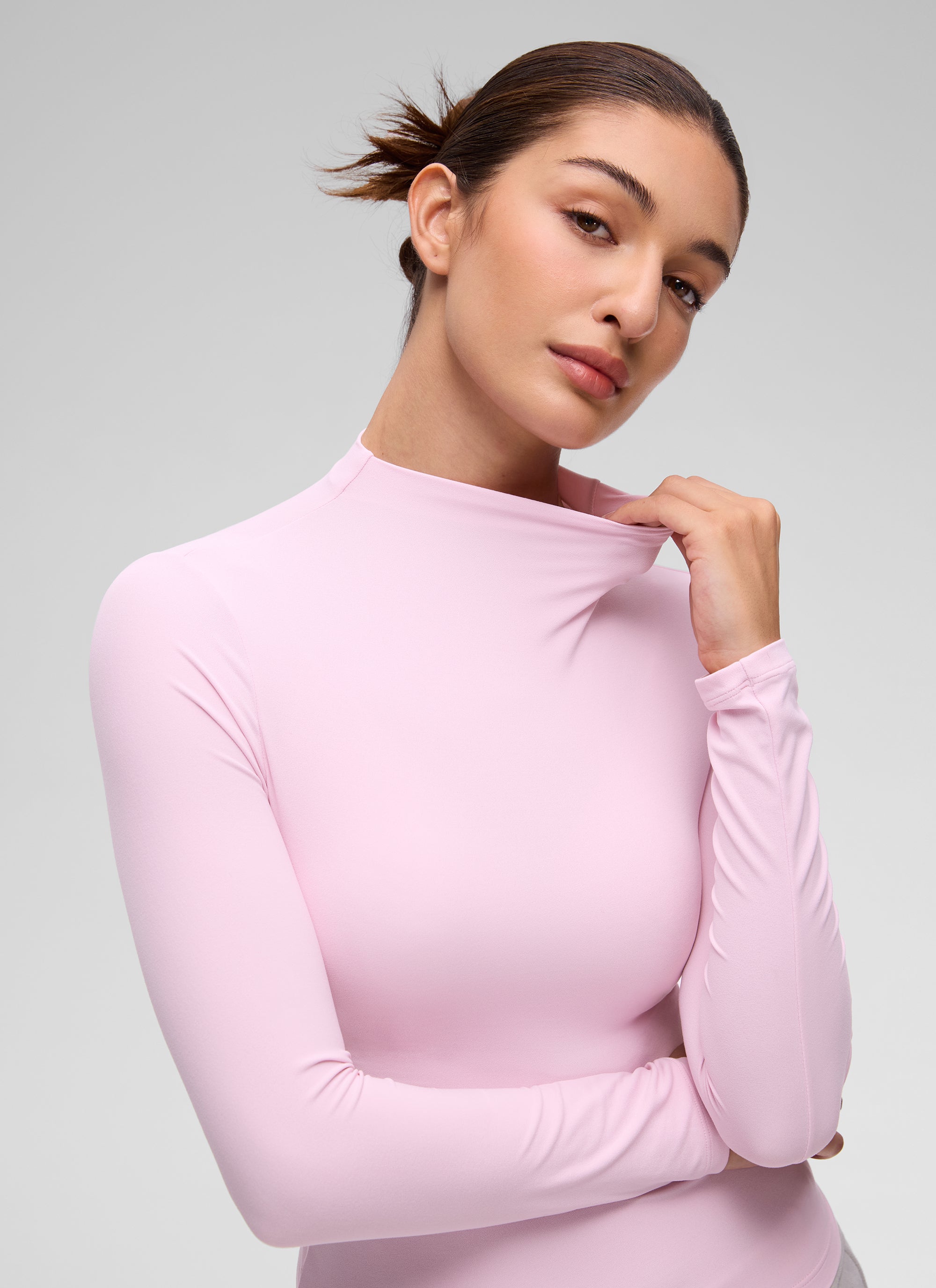CRZ YOGA Women's Softembrace Mock Neck Waist Length Long Sleeves Pink Peony