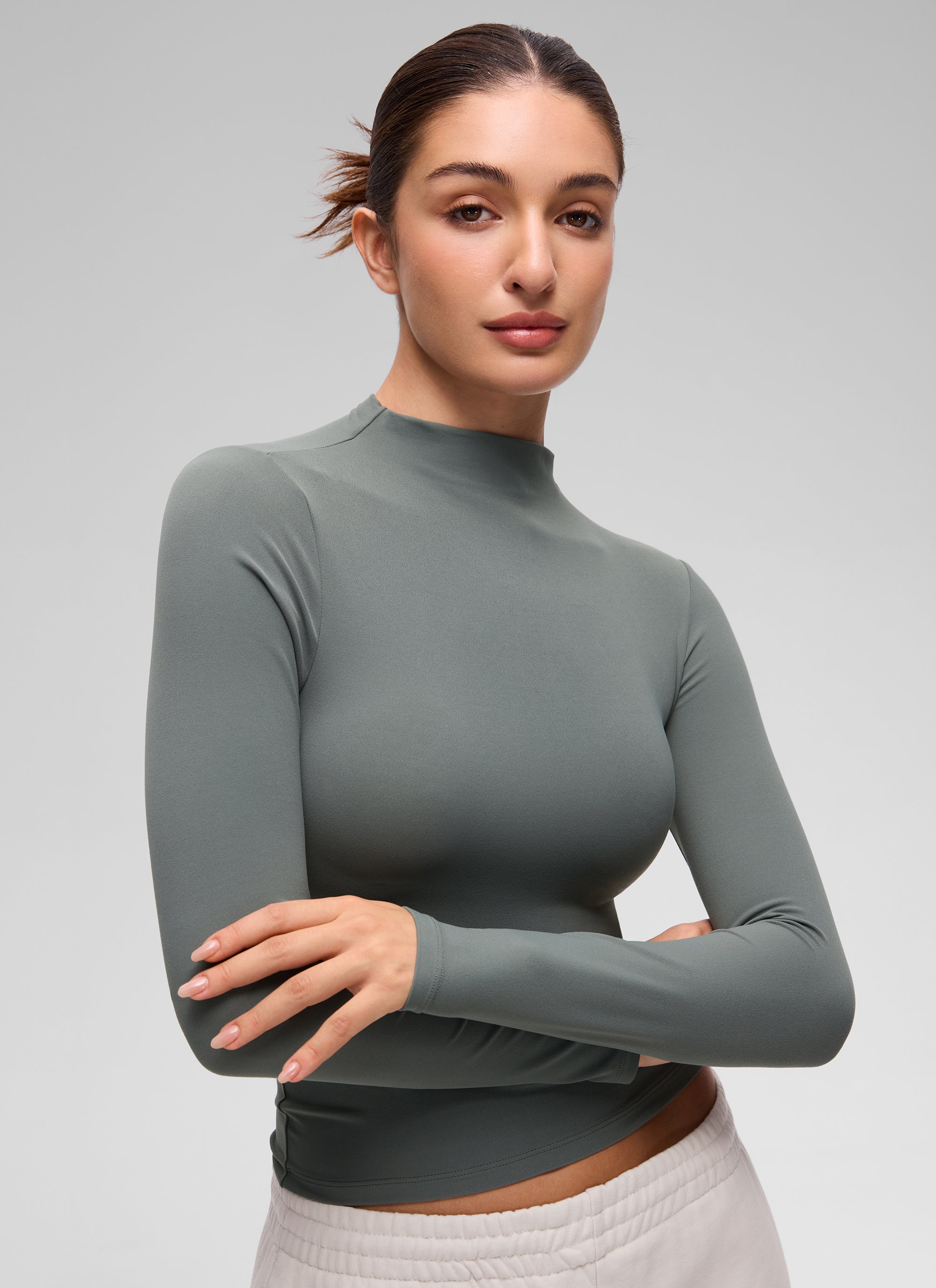 CRZ YOGA Women's Softembrace Mock Neck Waist Length Long Sleeves True Navy