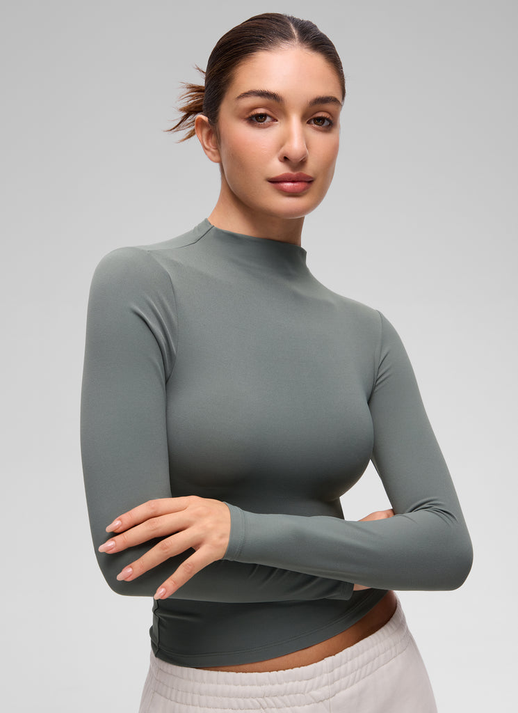 CRZ YOGA Women's Softembrace Mock Neck Waist Length Long Sleeves True Navy