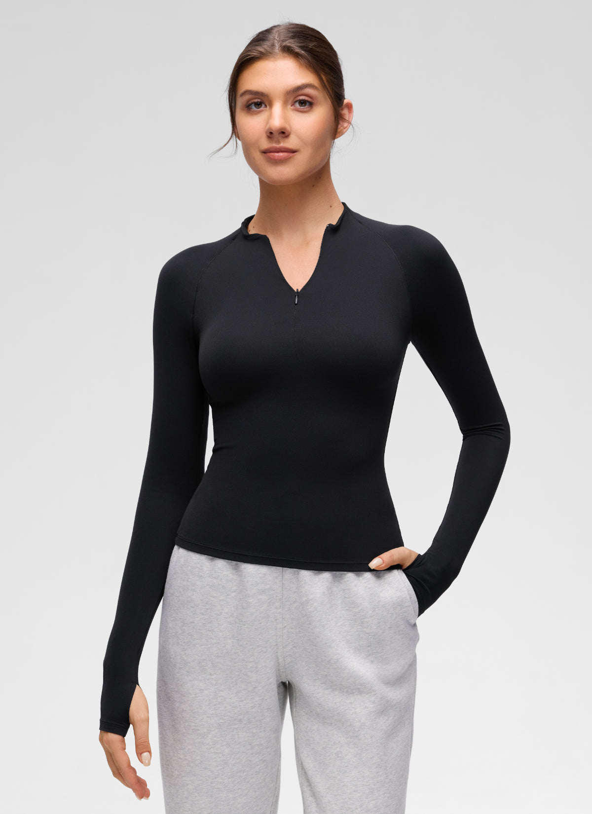 CRZ YOGA Women's Softembrace Casual Half-Zip Waist Length Long Sleeve Black