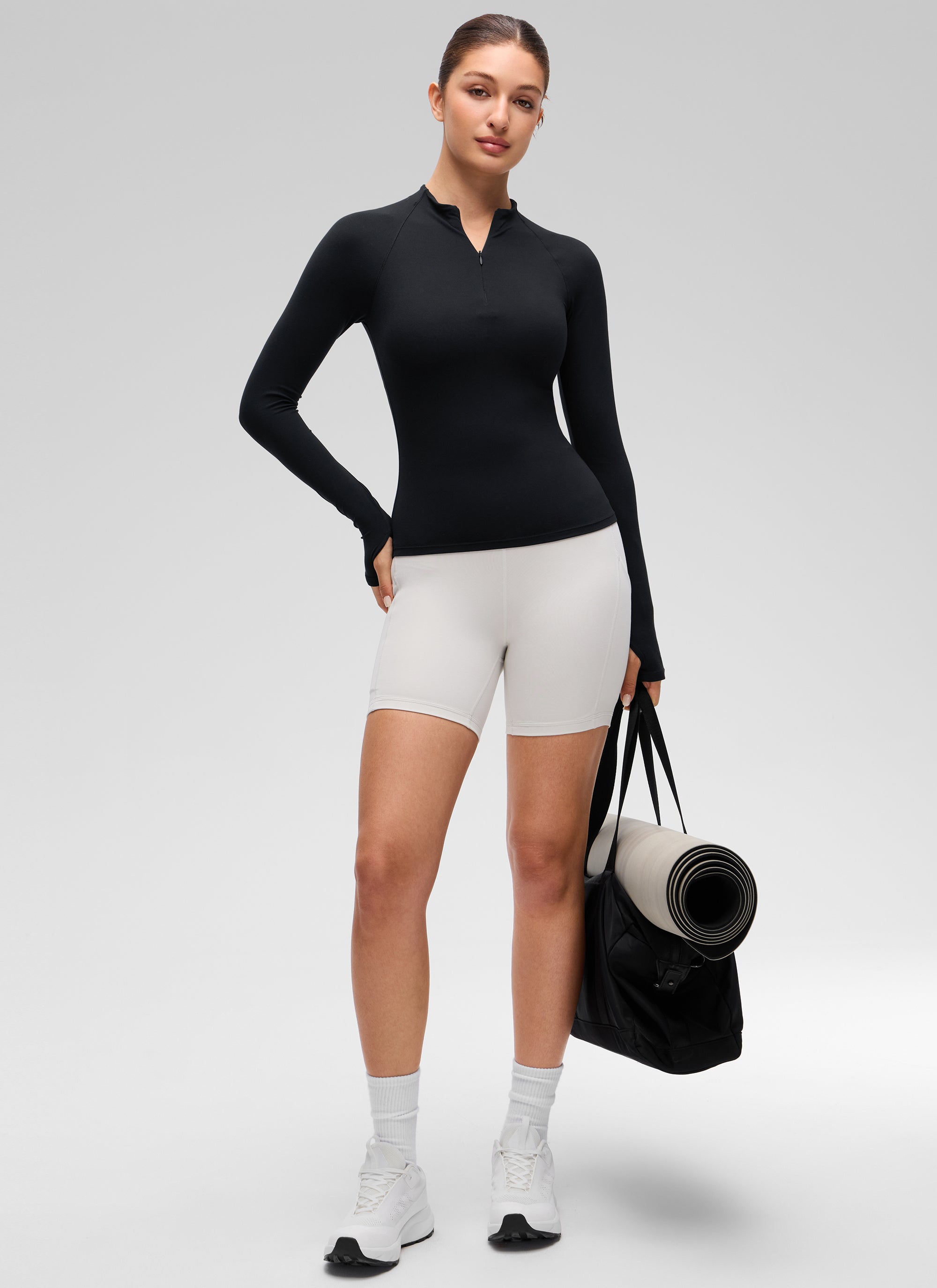 CRZ YOGA Women's Softembrace Casual Half-Zip Waist Length Long Sleeve Black