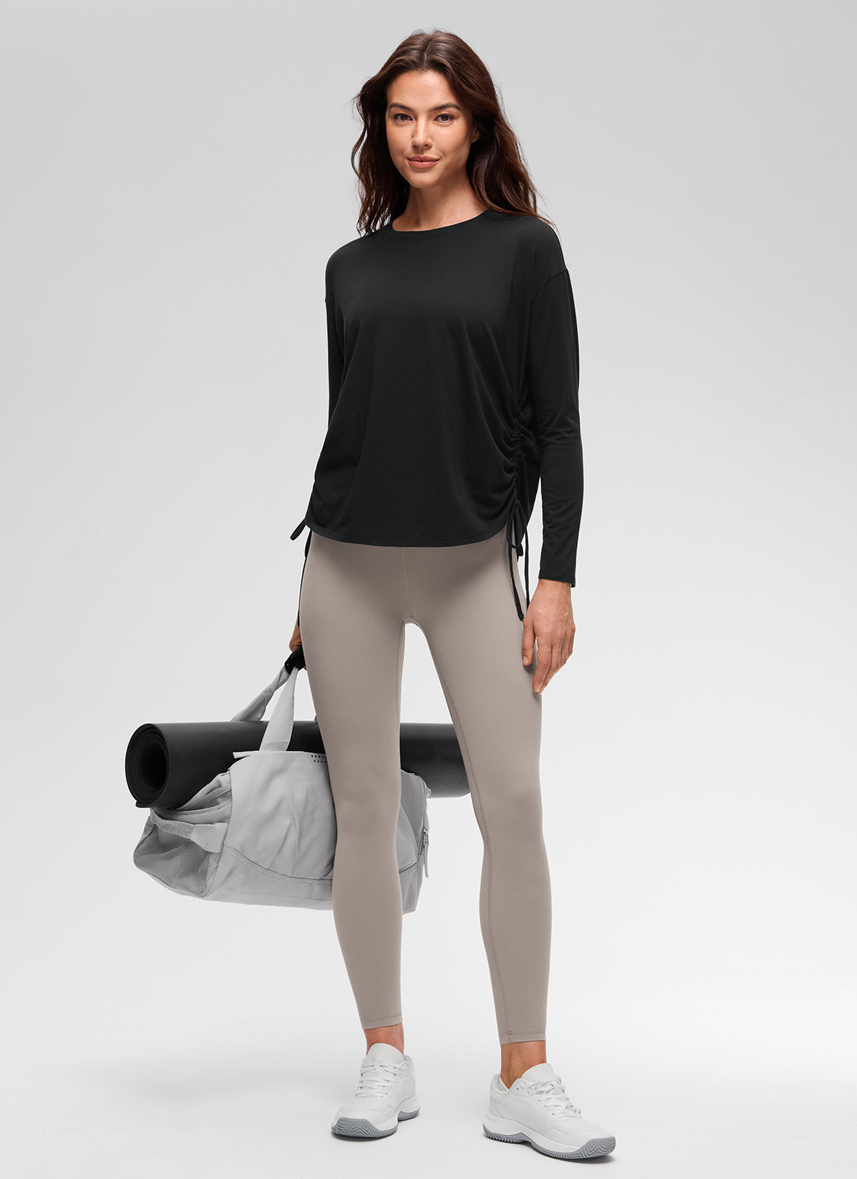 CRZ YOGA Women's Pima Cotton Casual Scoop Neck Ruched Long Sleeve Black