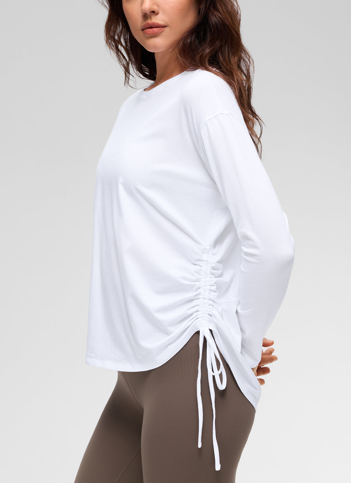 CRZ YOGA Women's Pima Cotton Casual Scoop Neck Ruched Long Sleeve White