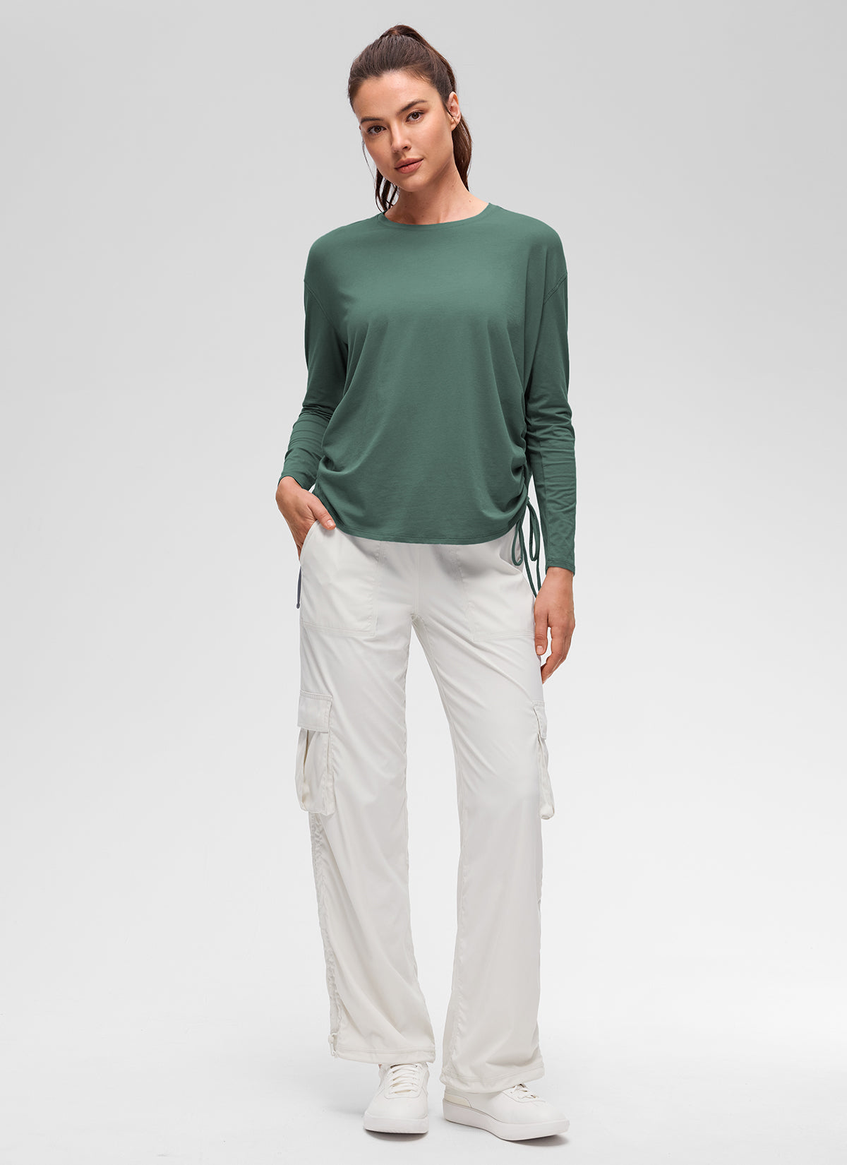 CRZ YOGA Women's Pima Cotton Casual Scoop Neck Ruched Long Sleeve Graphite Green