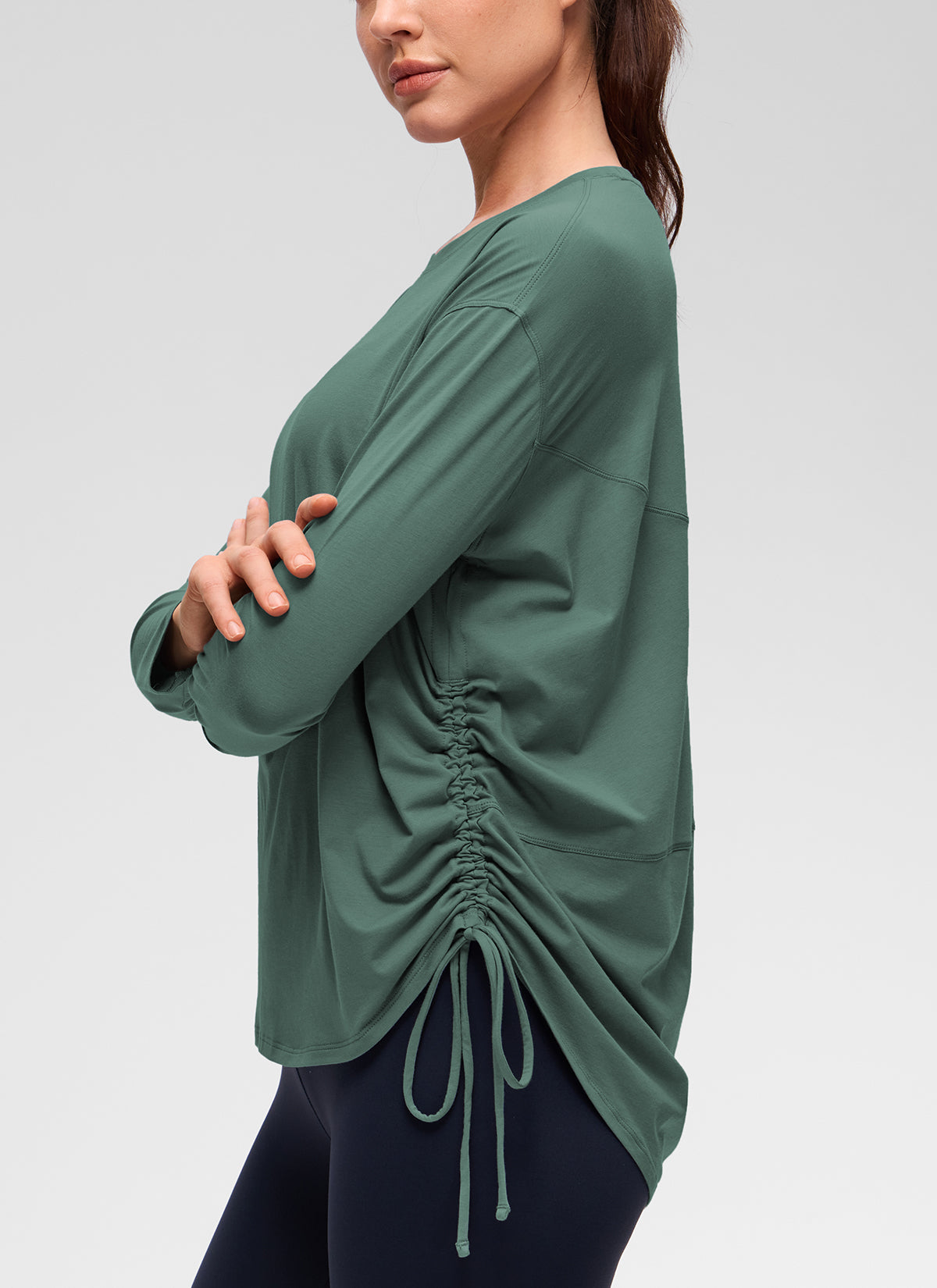 CRZ YOGA Women's Pima Cotton Casual Scoop Neck Ruched Long Sleeve Graphite Green