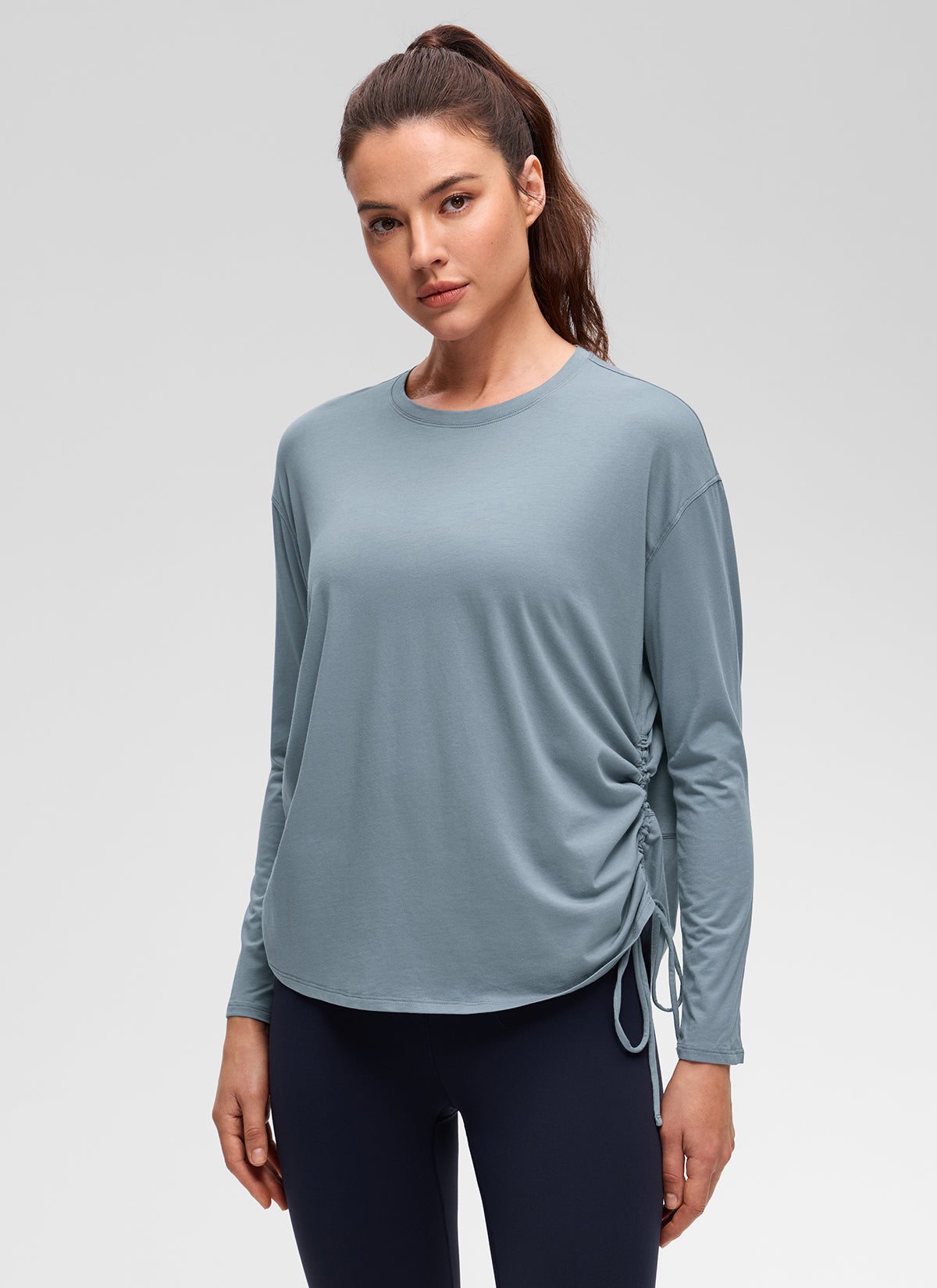 CRZ YOGA Women's Pima Cotton Casual Scoop Neck Ruched Long Sleeve Belgian Blue