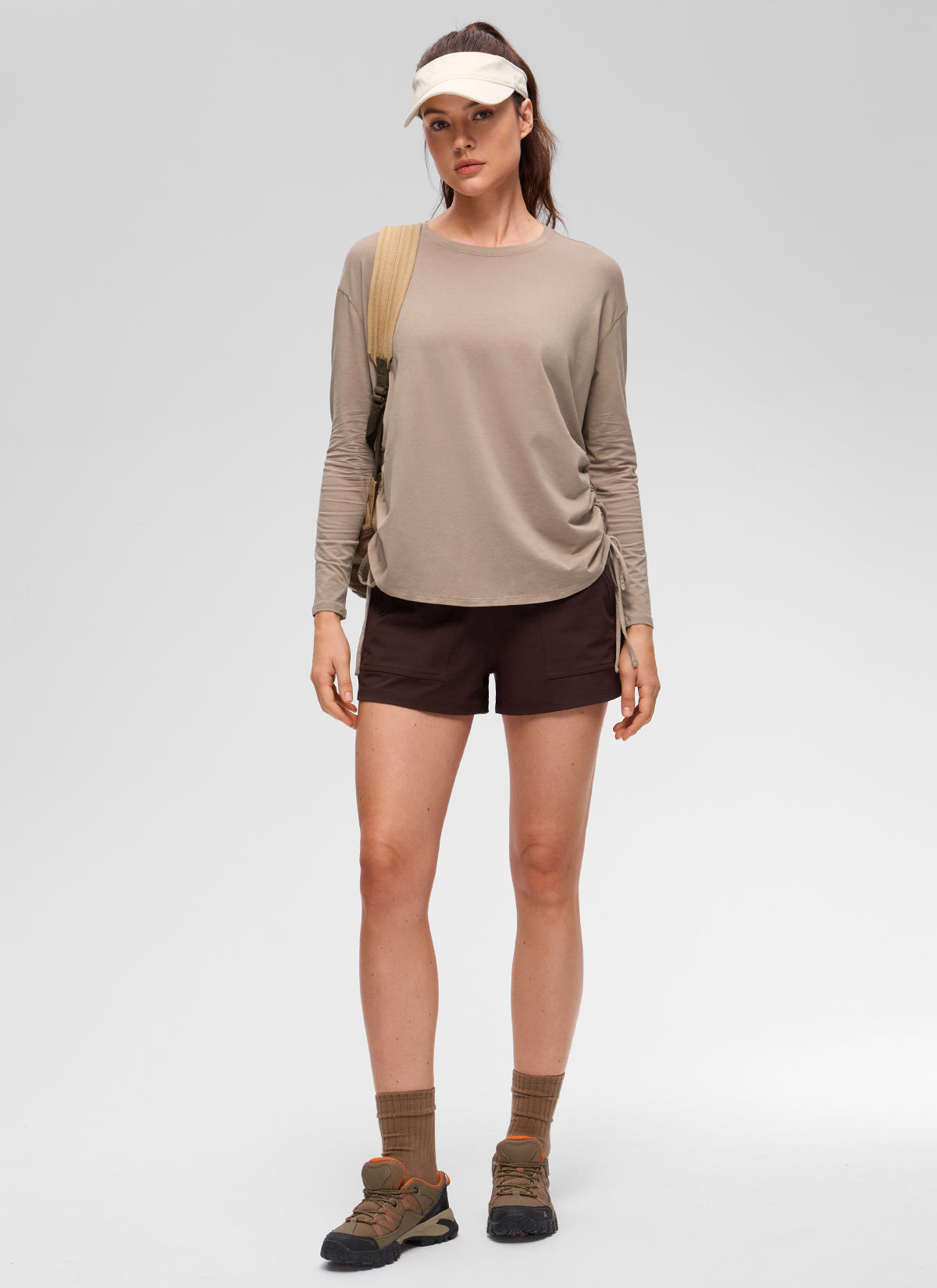 CRZ YOGA Women's Pima Cotton Casual Scoop Neck Ruched Long Sleeve Mortar color