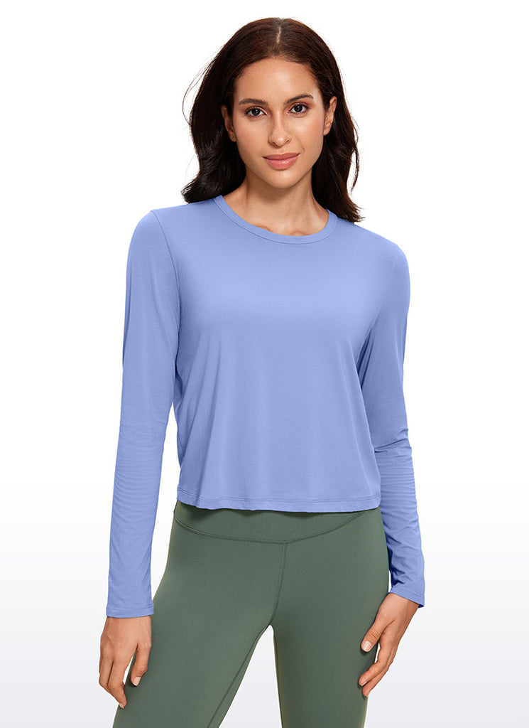 CRZ YOGA Women's Yoga Loose Fit Tops Pima Cotton Cropped Long Sleeve Periwinkle Purple