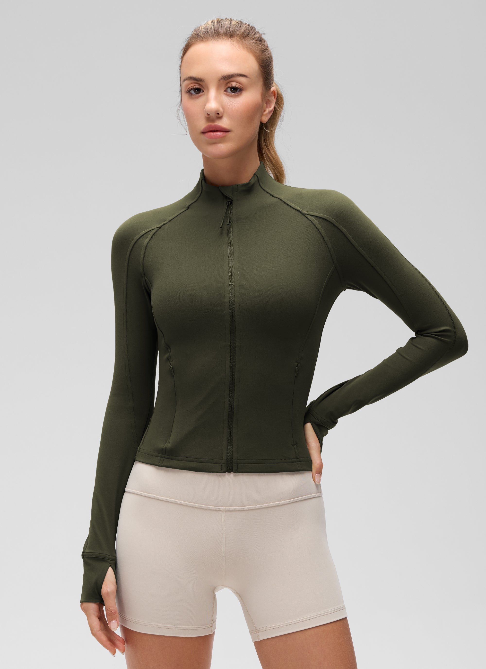 CRZ YOGA Women's Butterluxe Cropped Pocket Outerwear Full Zip Jackets Olive Green