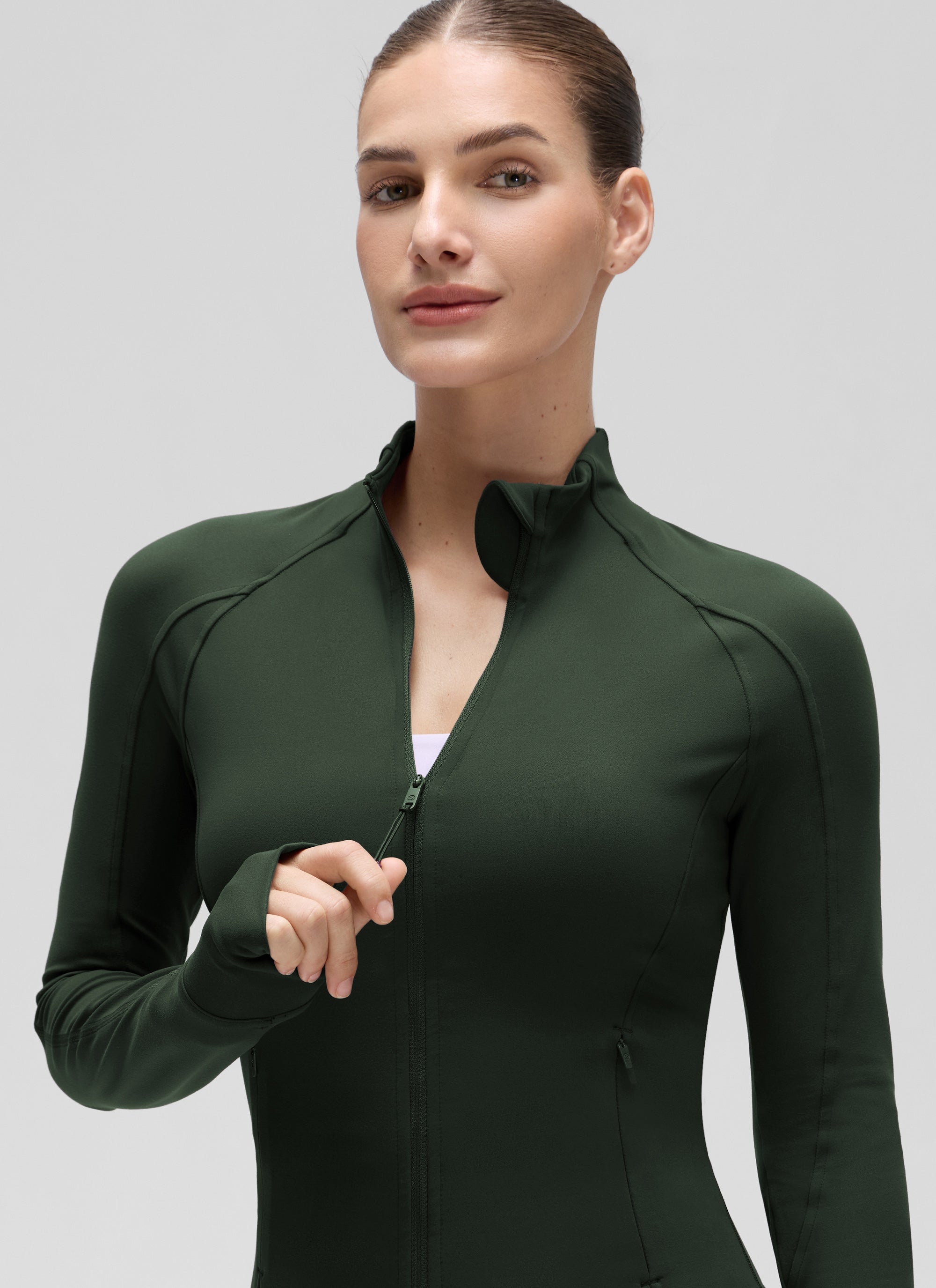 CRZ YOGA Women's Butterluxe Cropped Pocket Outerwear Full Zip Jackets Legend Green @model_info:J