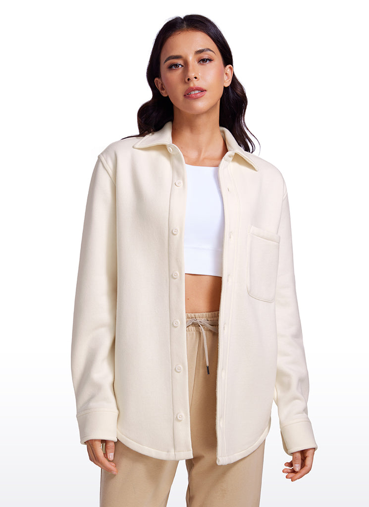 CRZ YOGA Women's Oversized Fit Outerwear Fleece Lined Shirt Jackets White Apricot