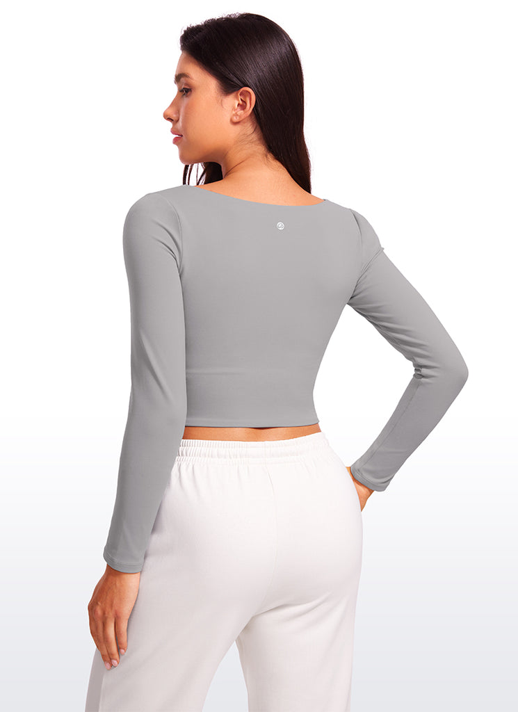 CRZ YOGA Women's Tight Fit Butterluxe Yoga Crop Long Sleeves Square Neck Granita Pink