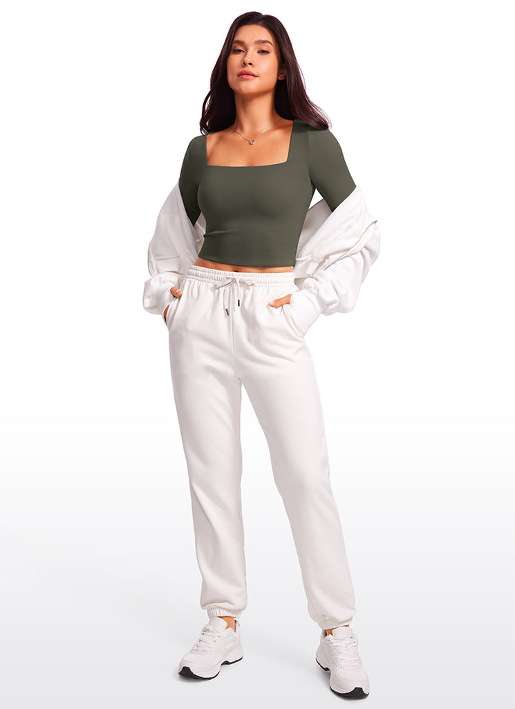 CRZ YOGA Women's Tight Fit Butterluxe Yoga Crop Long Sleeves Square Neck Gull Gray