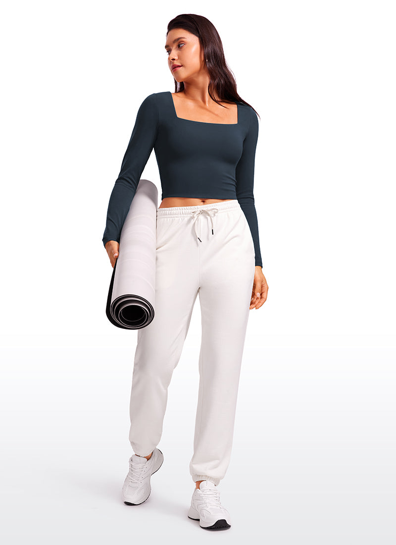 CRZ YOGA Women's Tight Fit Butterluxe Yoga Crop Long Sleeves Square Neck True Navy