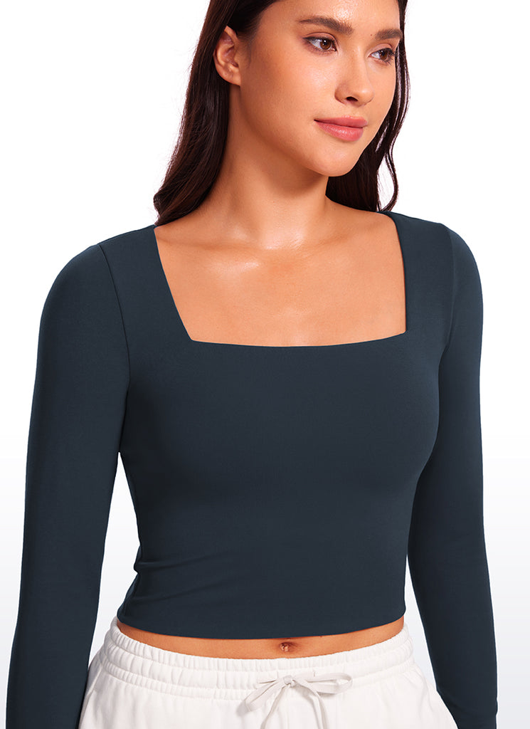 CRZ YOGA Women's Tight Fit Butterluxe Yoga Crop Long Sleeves Square Neck Black