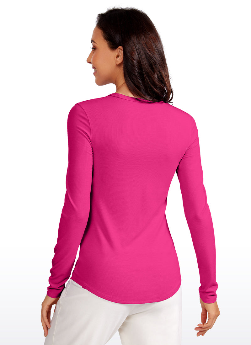 CRZ YOGA Women's Daily Casual Ribbed Crewneck Long Sleeves Slim Fit Granita Pink
