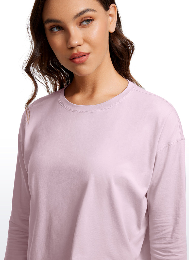 CRZ YOGA Women's Yoga Loose Fit Tops Pima Cotton Cropped Long Sleeve Mocha Mousse