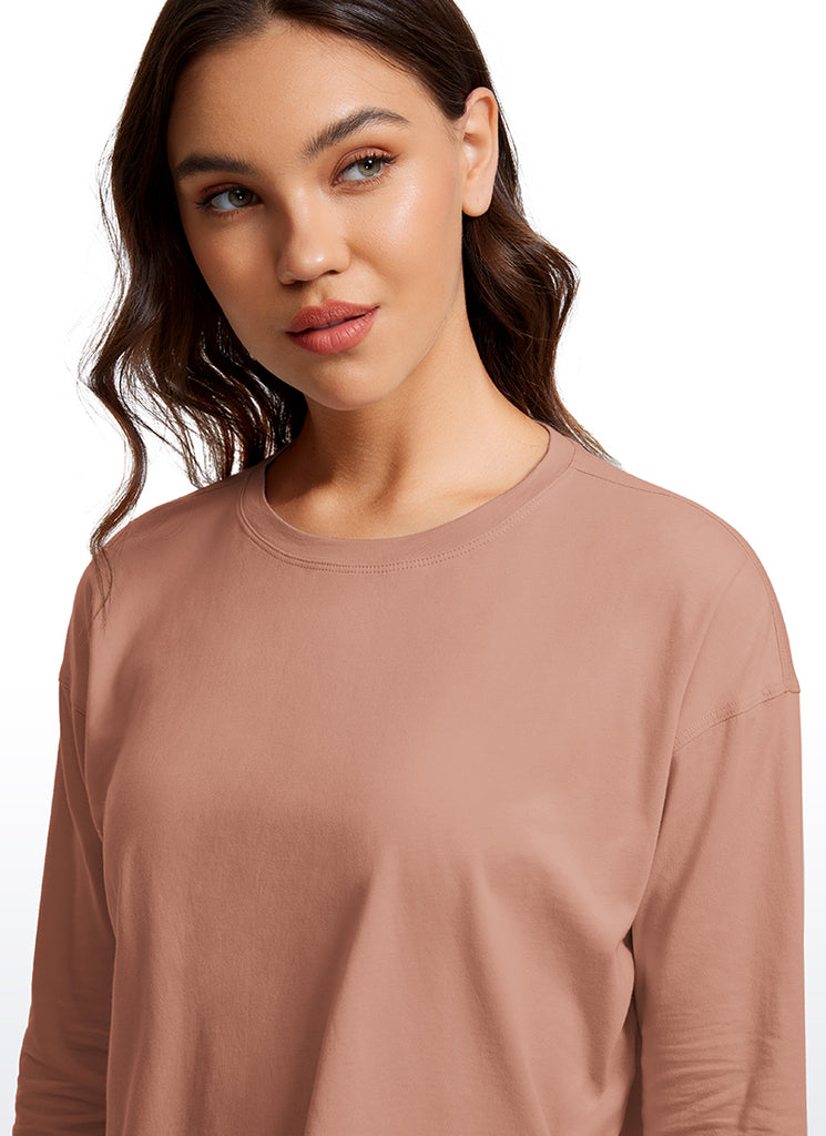 CRZ YOGA Women's Yoga Loose Fit Tops Pima Cotton Cropped Long Sleeve White