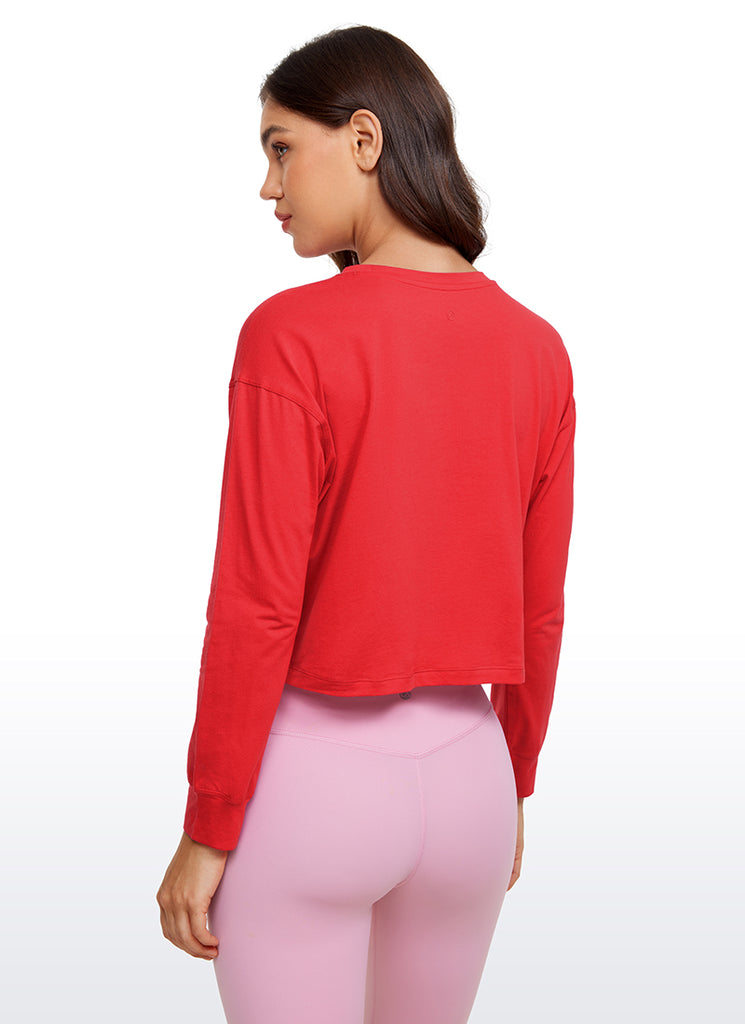 CRZ YOGA Women's Yoga Loose Fit Tops Pima Cotton Cropped Long Sleeve White