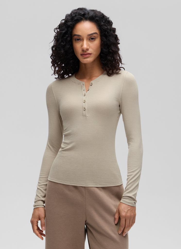 CRZ YOGA Womens Fitted Casual Ribbed Modal Henley Shirts Long Sleeves White