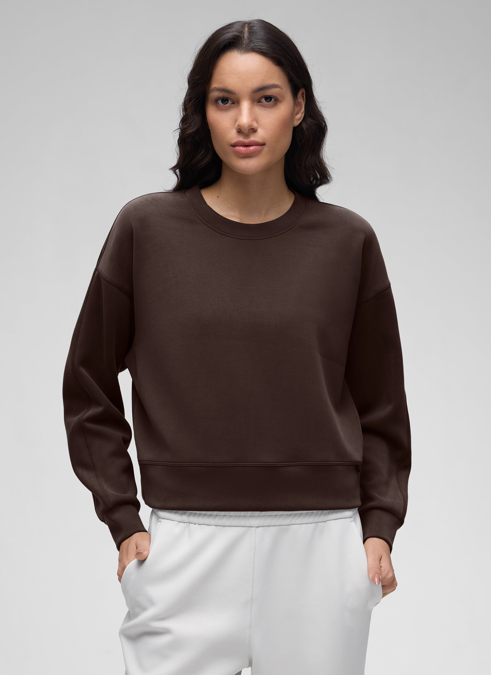 CRZ YOGA Womens SoftAura Basic Casual Sweat Shirt Crew Neck Pullover Hot Fudge Brown