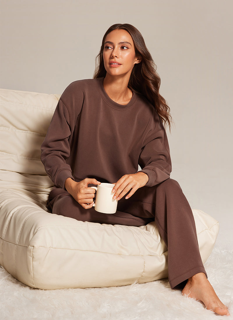 CRZ YOGA Womens SoftAura Basic Casual Sweat Shirt Crew Neck Pullover Coffee Brown