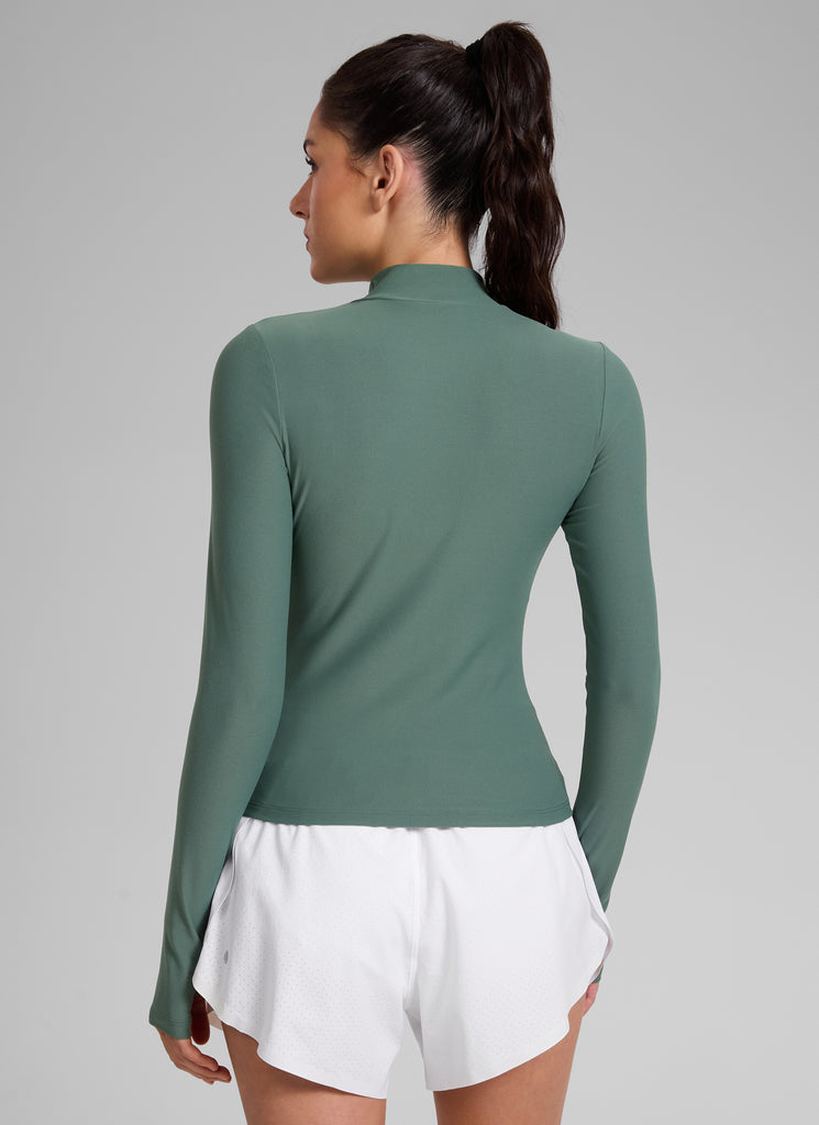 CRZ YOGA Women's Cloudweight Workout Mock Neck Hip Length Long Sleeves Graphite Green