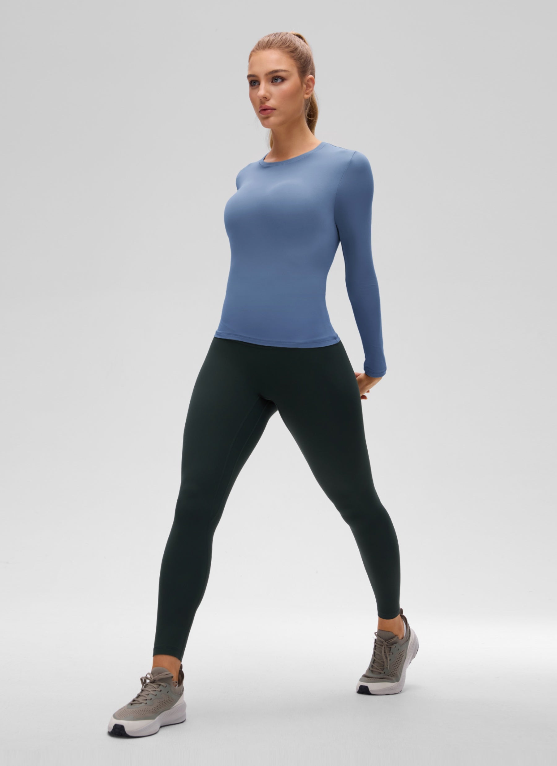 CRZ YOGA Women's Crew Neck Tight Fit Long Sleeve Shirts Casual Tee Oasis Blue