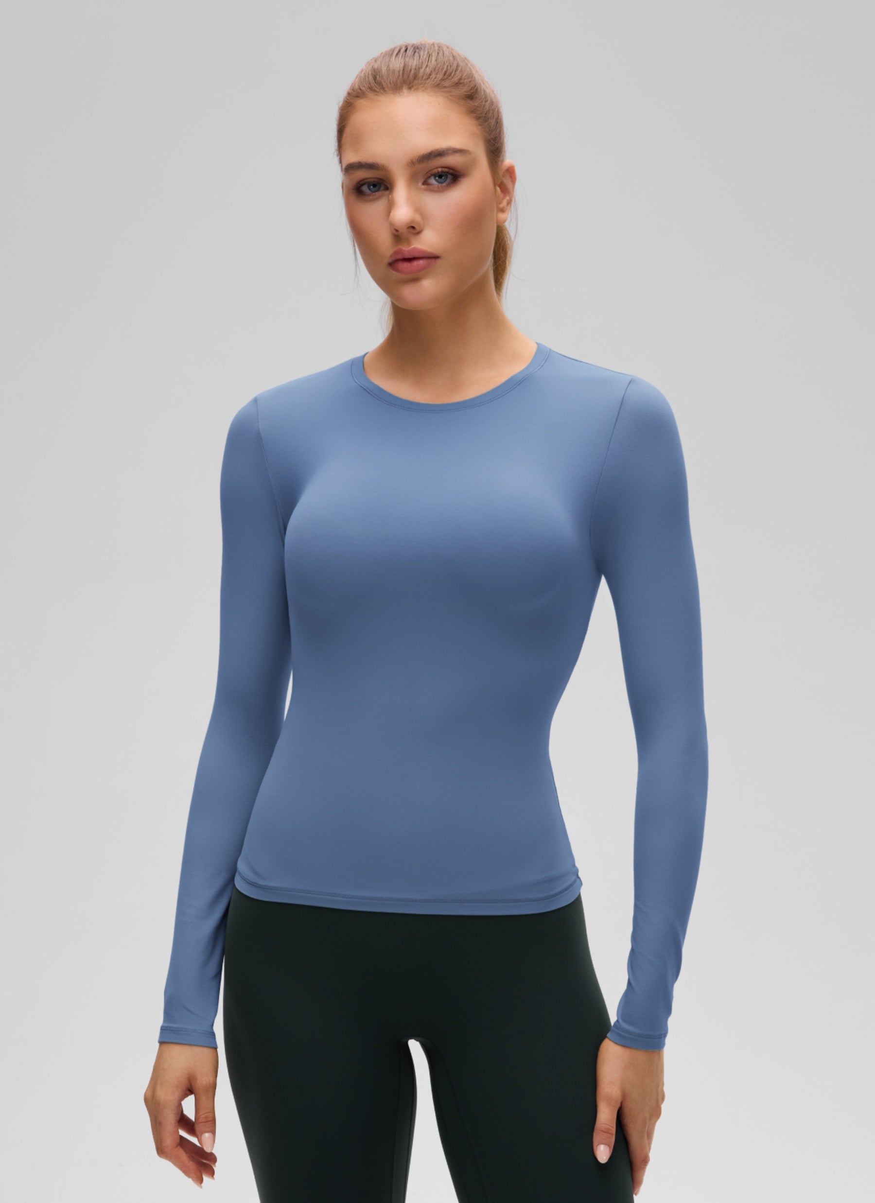 CRZ YOGA Women's Crew Neck Tight Fit Long Sleeve Shirts Casual Tee Oasis Blue