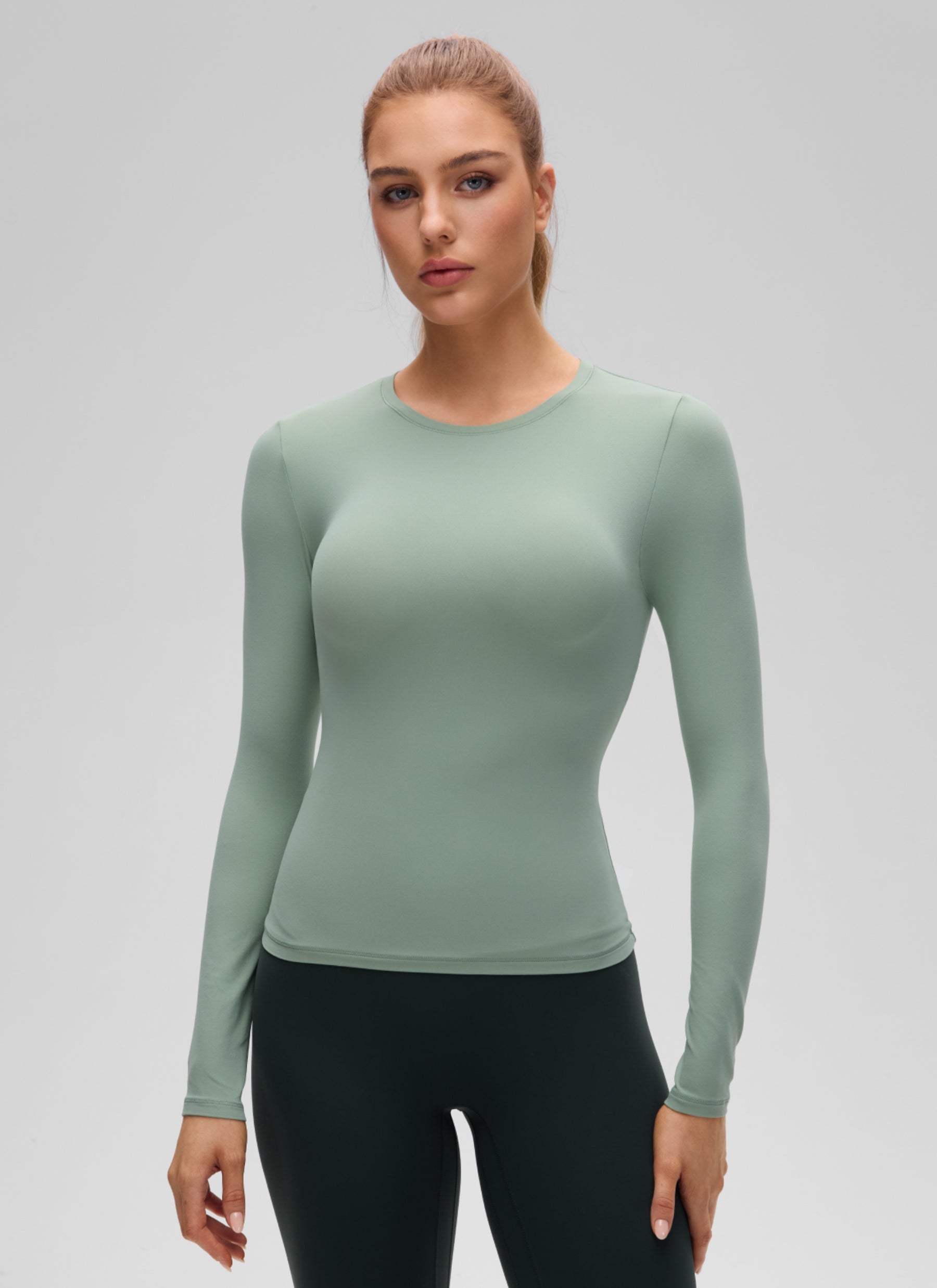 CRZ YOGA Women's Crew Neck Tight Fit Long Sleeve Shirts Casual Tee Green Palm Court