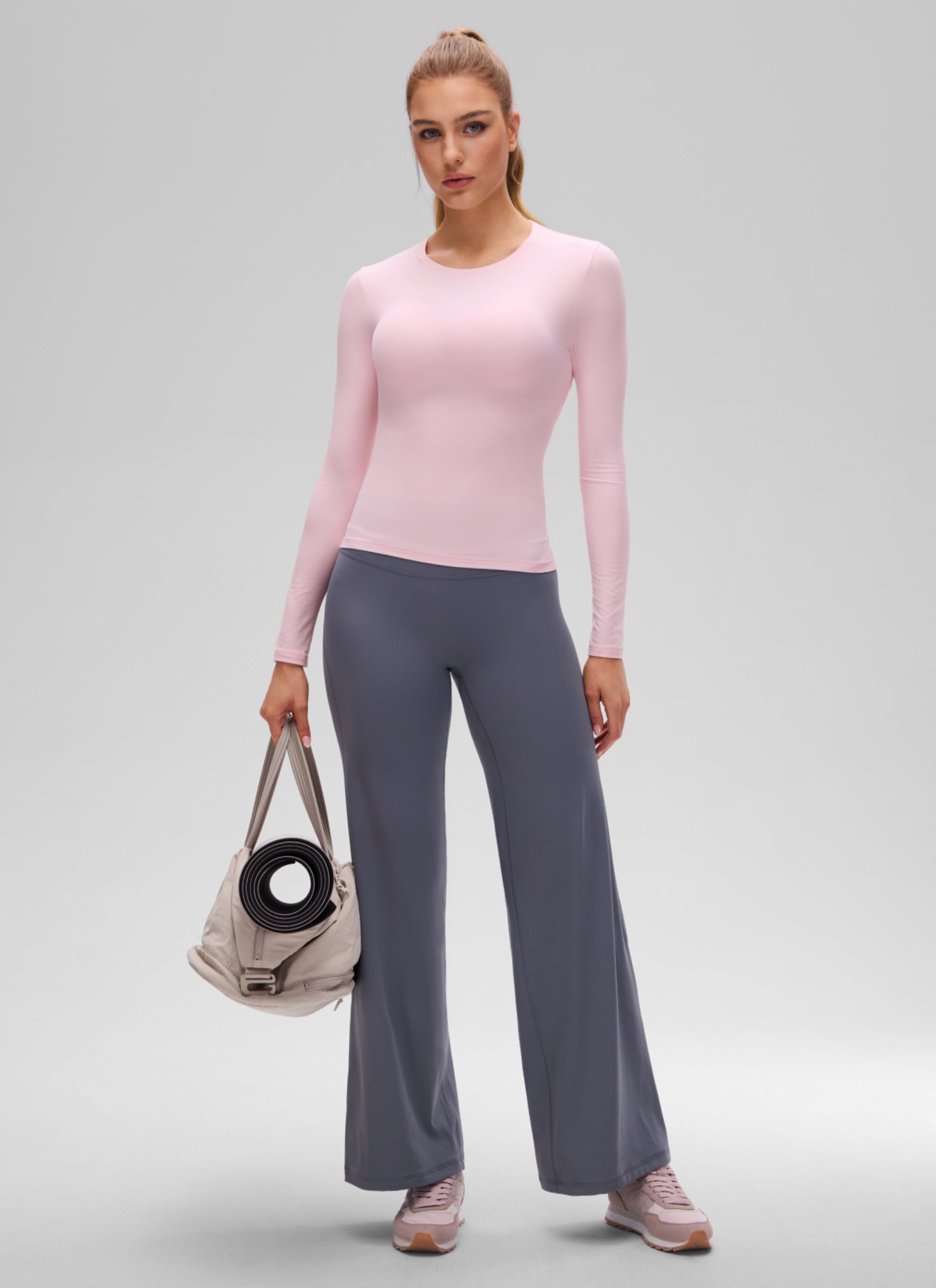 CRZ YOGA Women's Crew Neck Tight Fit Long Sleeve Shirts Casual Tee Strawberry Pink