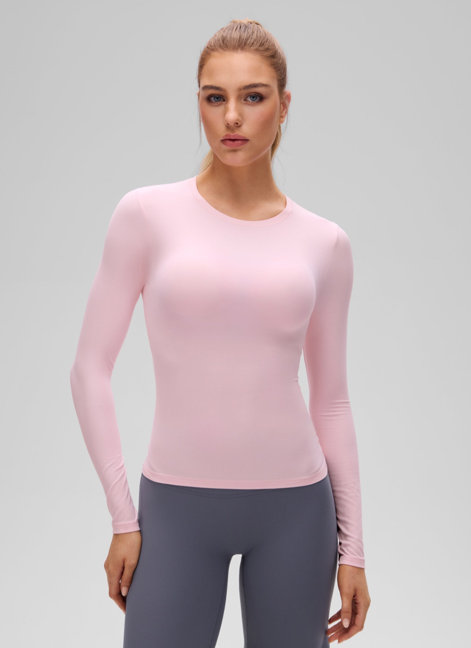 CRZ YOGA Women's Crew Neck Tight Fit Long Sleeve Shirts Casual Tee Strawberry Pink