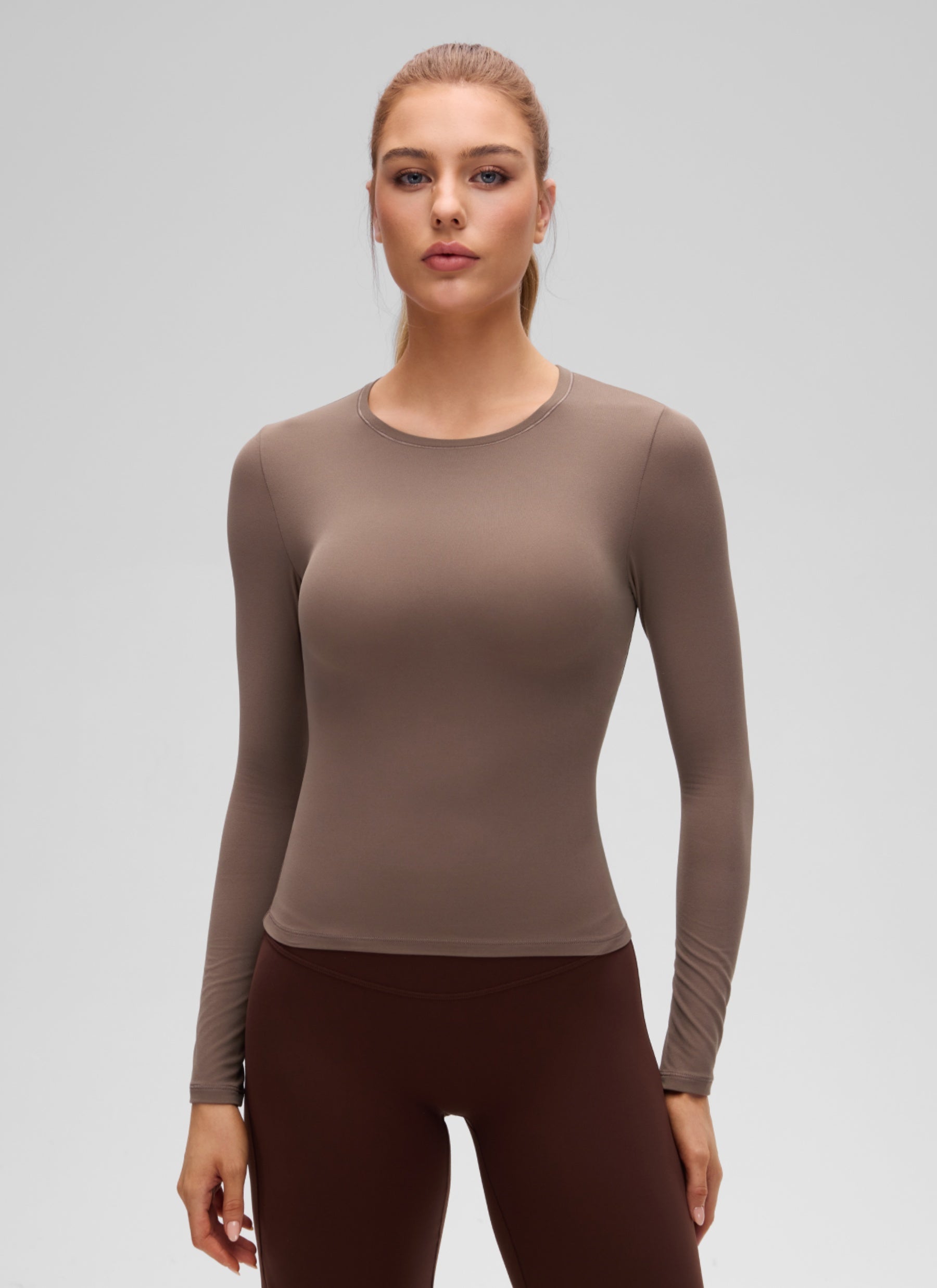 CRZ YOGA Women's Crew Neck Tight Fit Long Sleeve Shirts Casual Tee Brown Purple