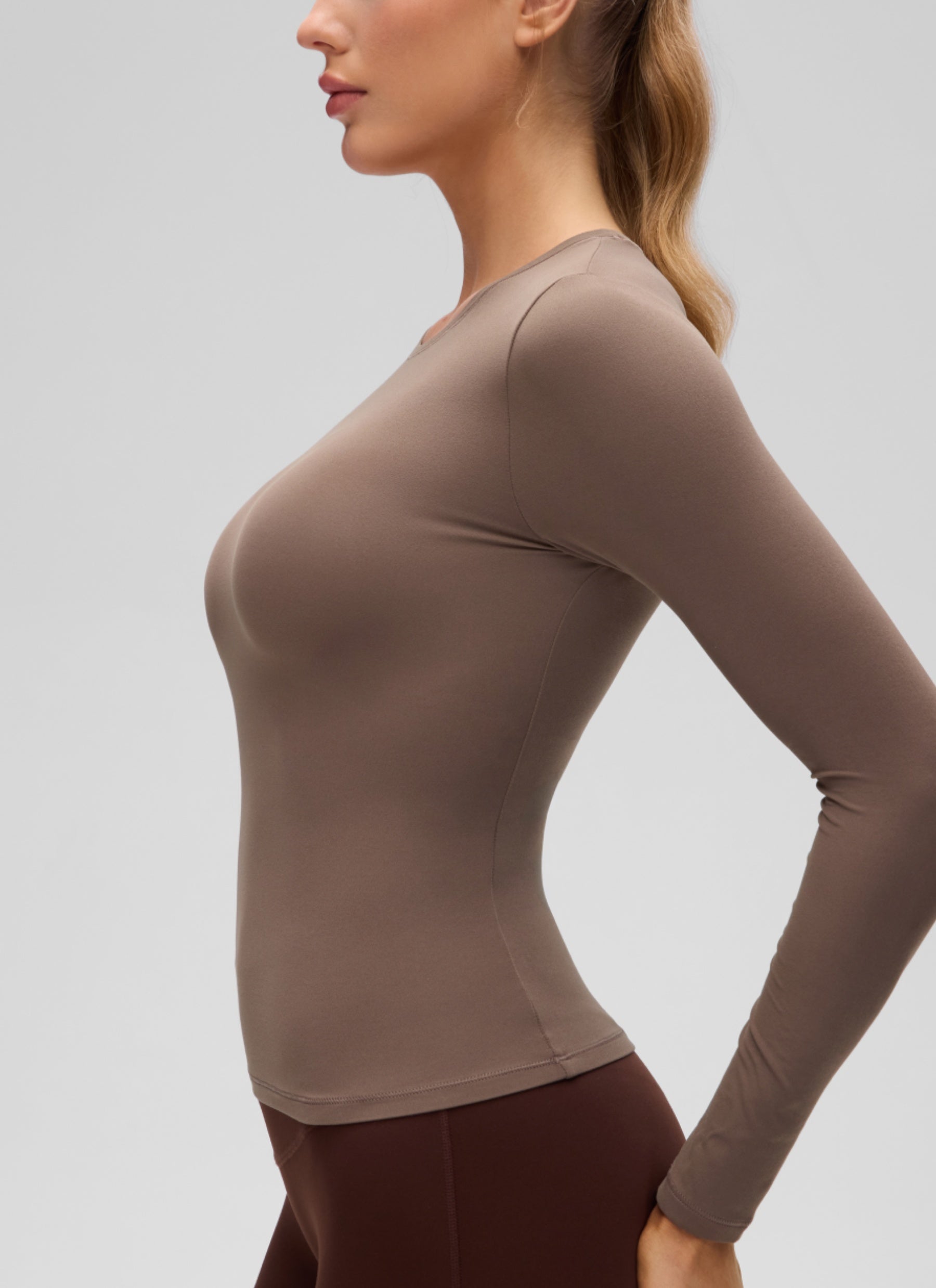CRZ YOGA Women's Crew Neck Tight Fit Long Sleeve Shirts Casual Tee Brown Purple